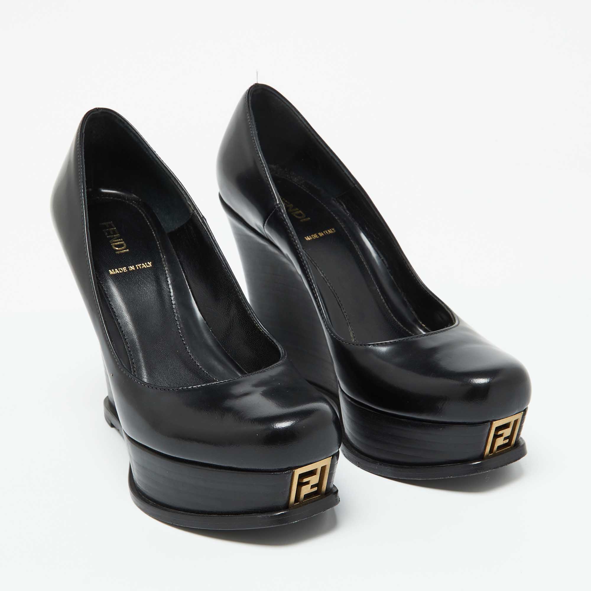 Fendi Black Leather Fendista Platform Wedge Pumps Size 37