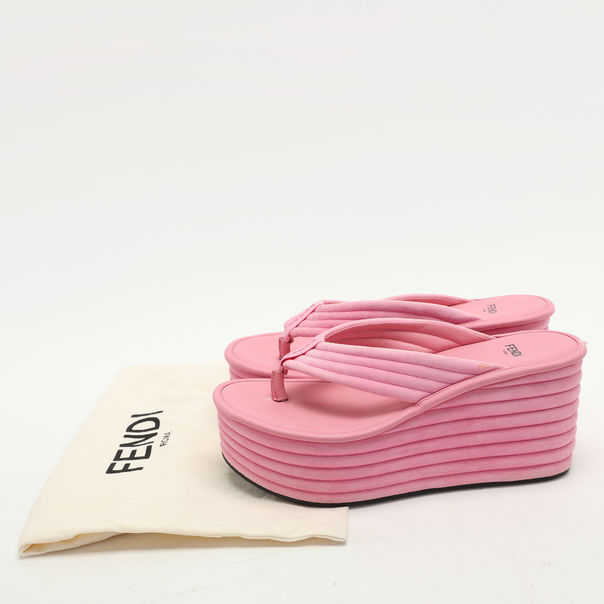 Fendi Pink Suede Platform Thong Slide Sandals Size 38