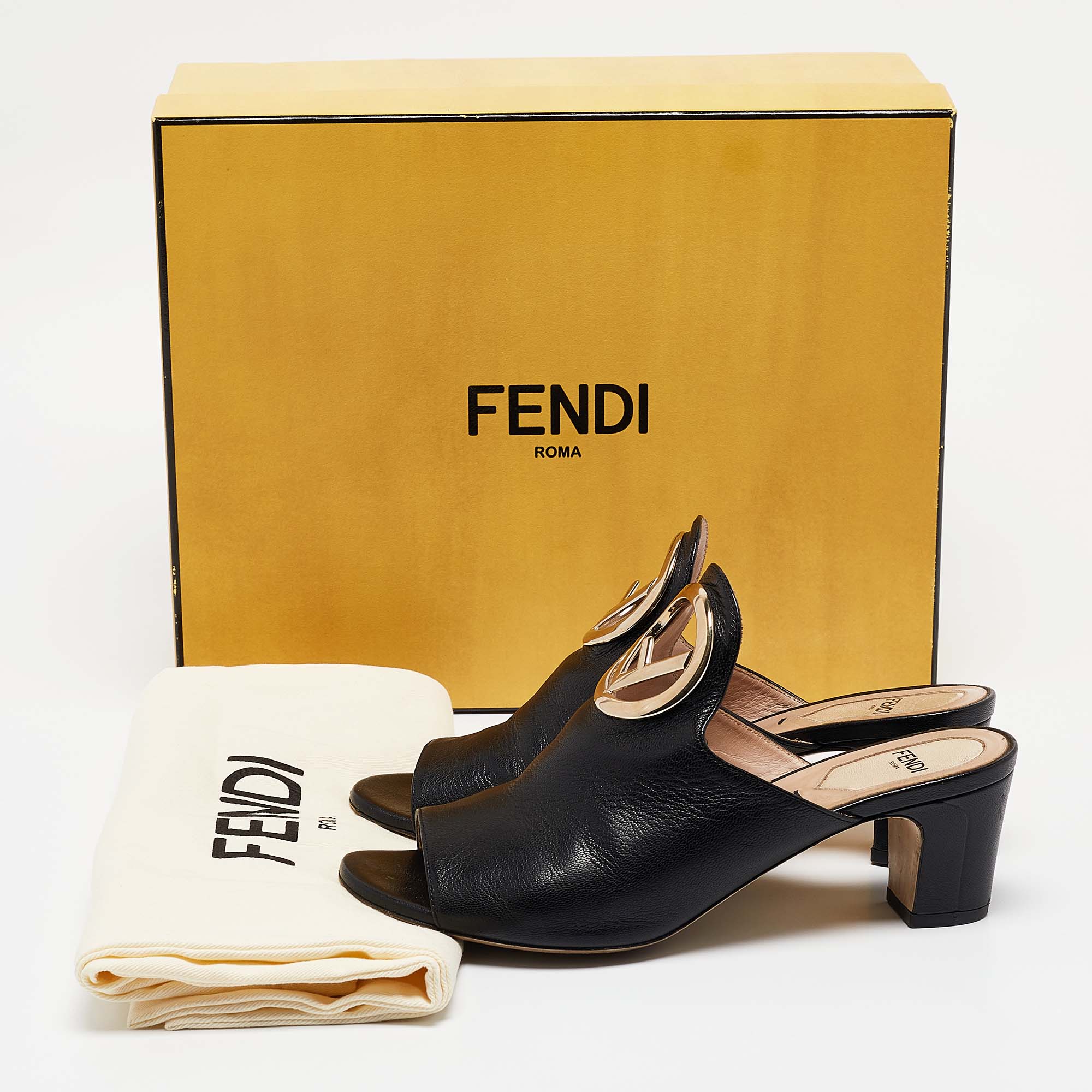 Fendi Black Leather F Logo Open Toe Mules Size 36.5