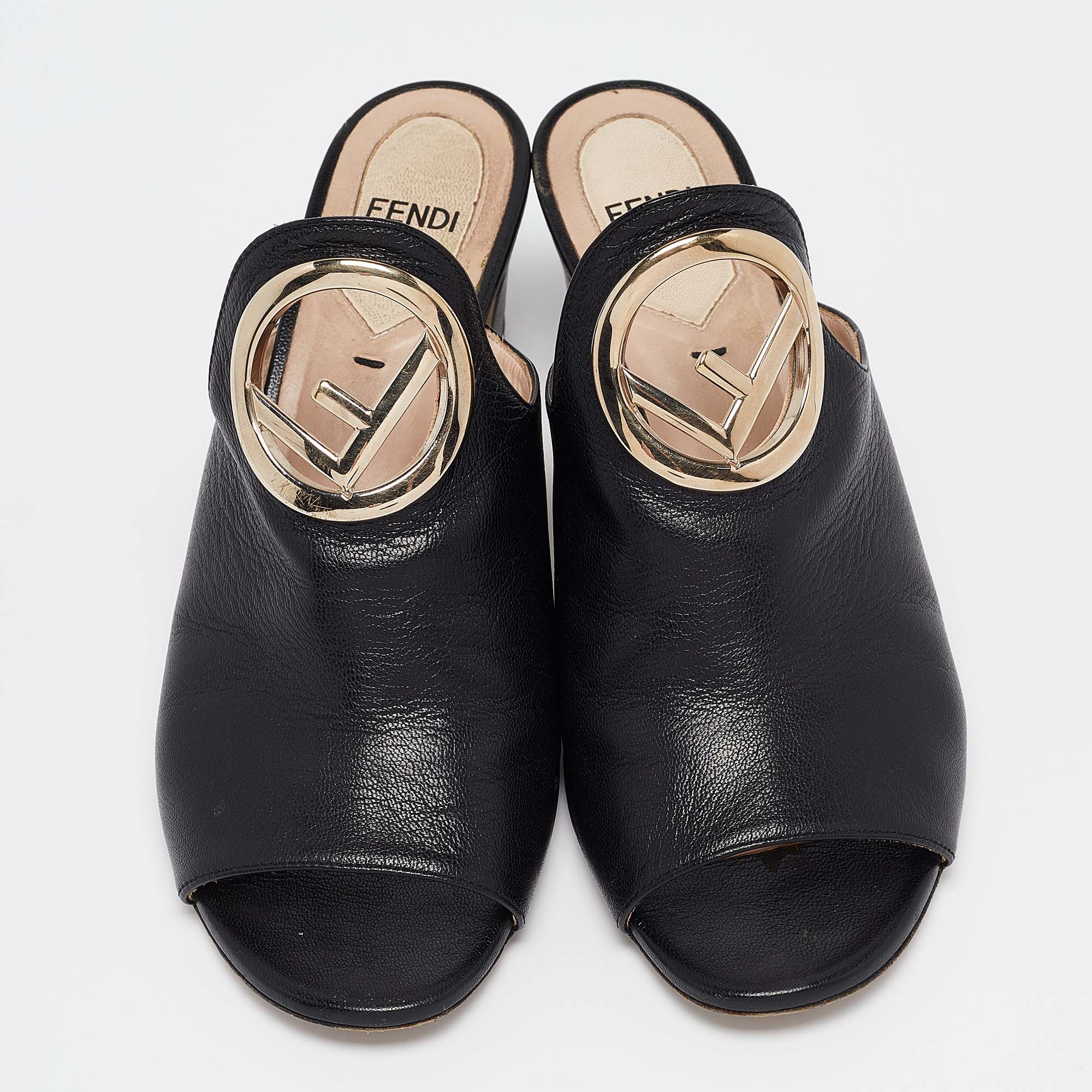 Fendi Black Leather F Logo Open Toe Mules Size 36.5