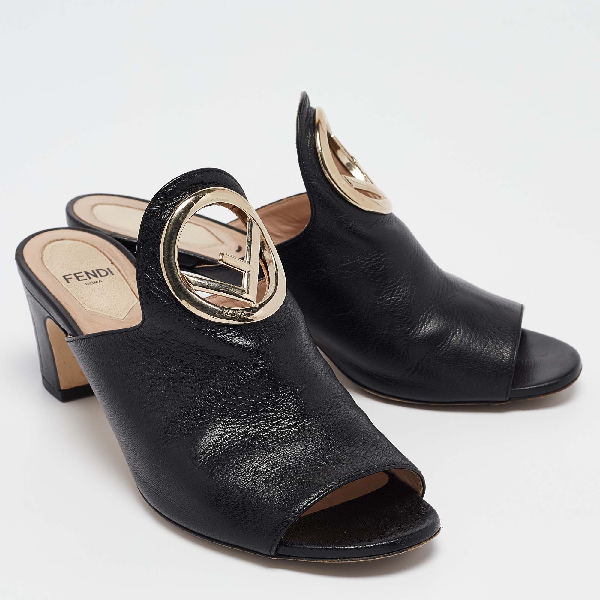 Fendi Black Leather F Logo Open Toe Mules Size 36.5