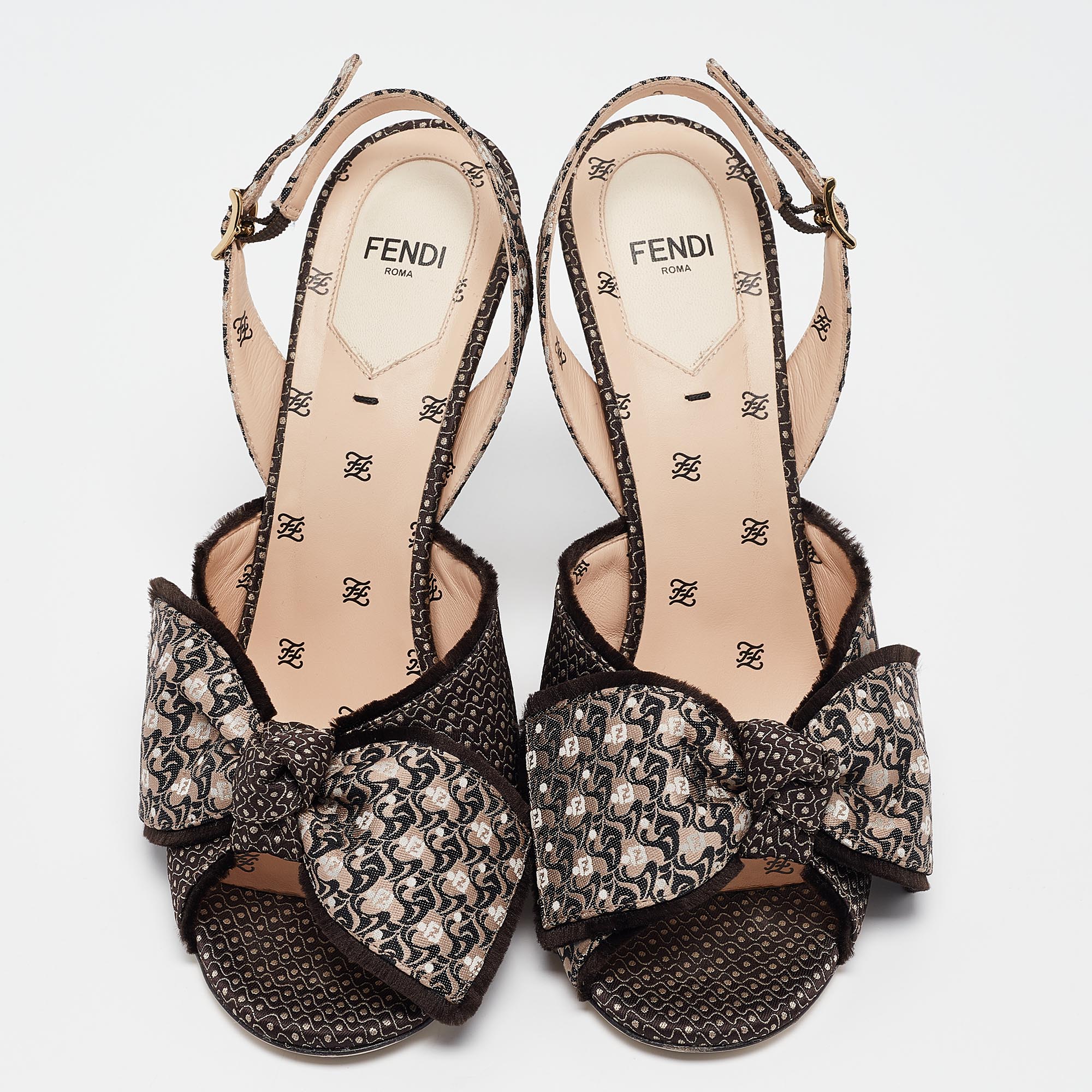 Fendi Brown/Beige Fabric FFreedom Slingback Sandals Size 39.5