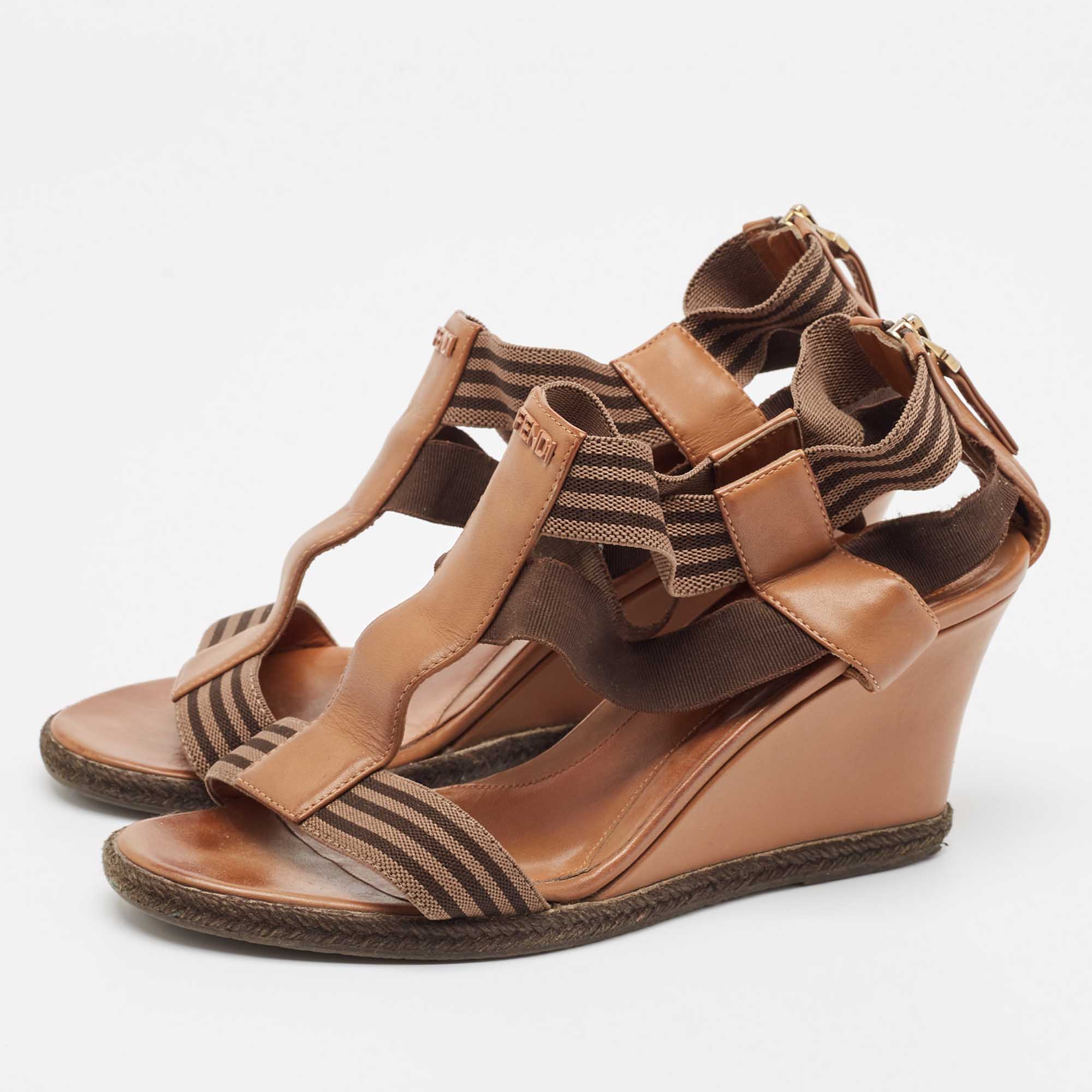 Fendi Brown Leather And Stretch Fabric Wedge Sandals Size 37