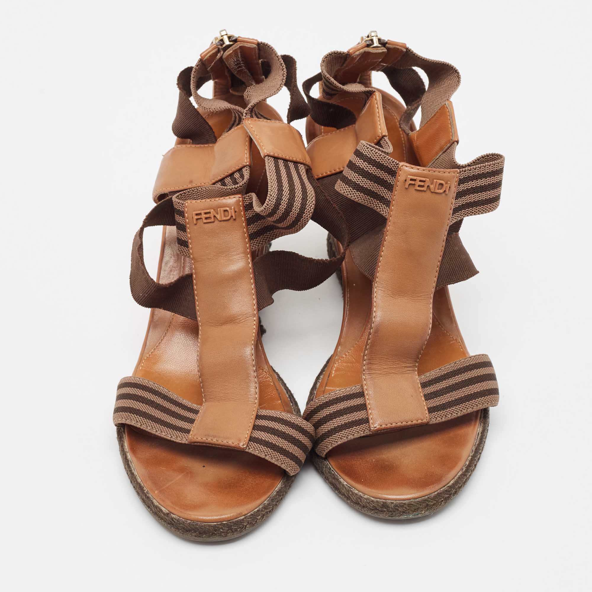 Fendi Brown Leather And Stretch Fabric Wedge Sandals Size 37