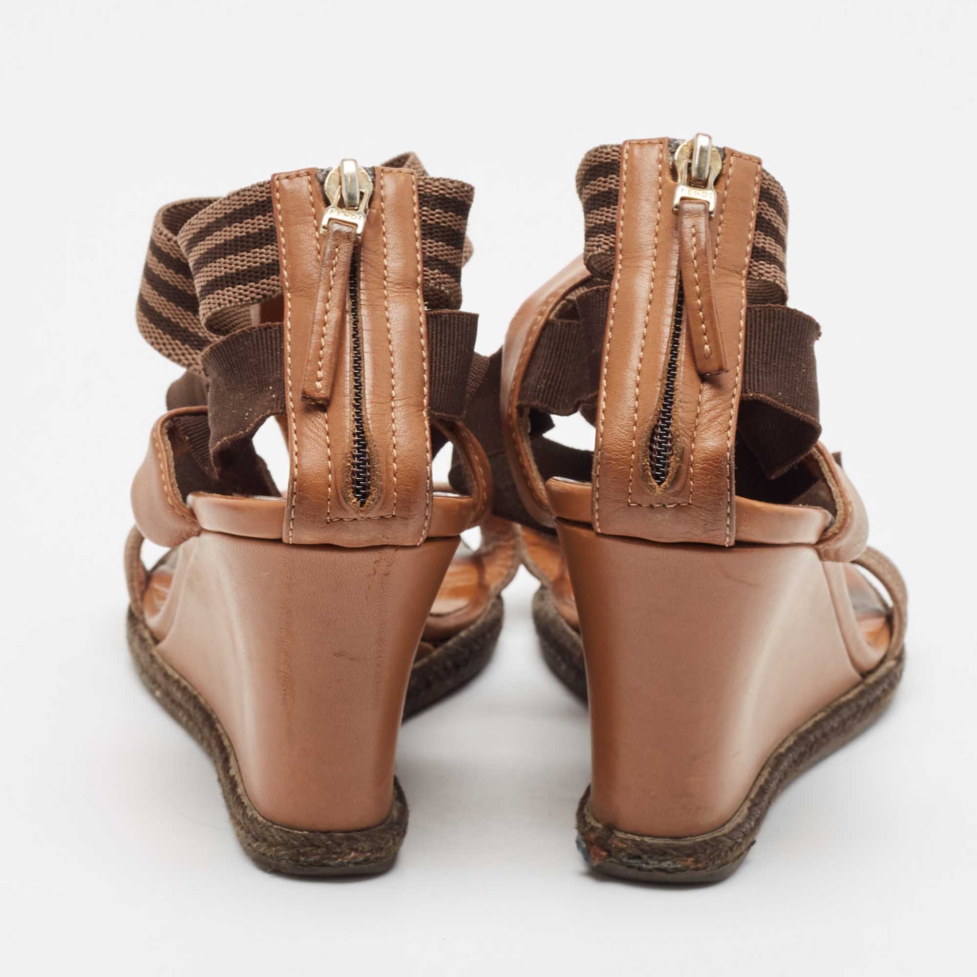 Fendi Brown Leather And Stretch Fabric Wedge Sandals Size 37