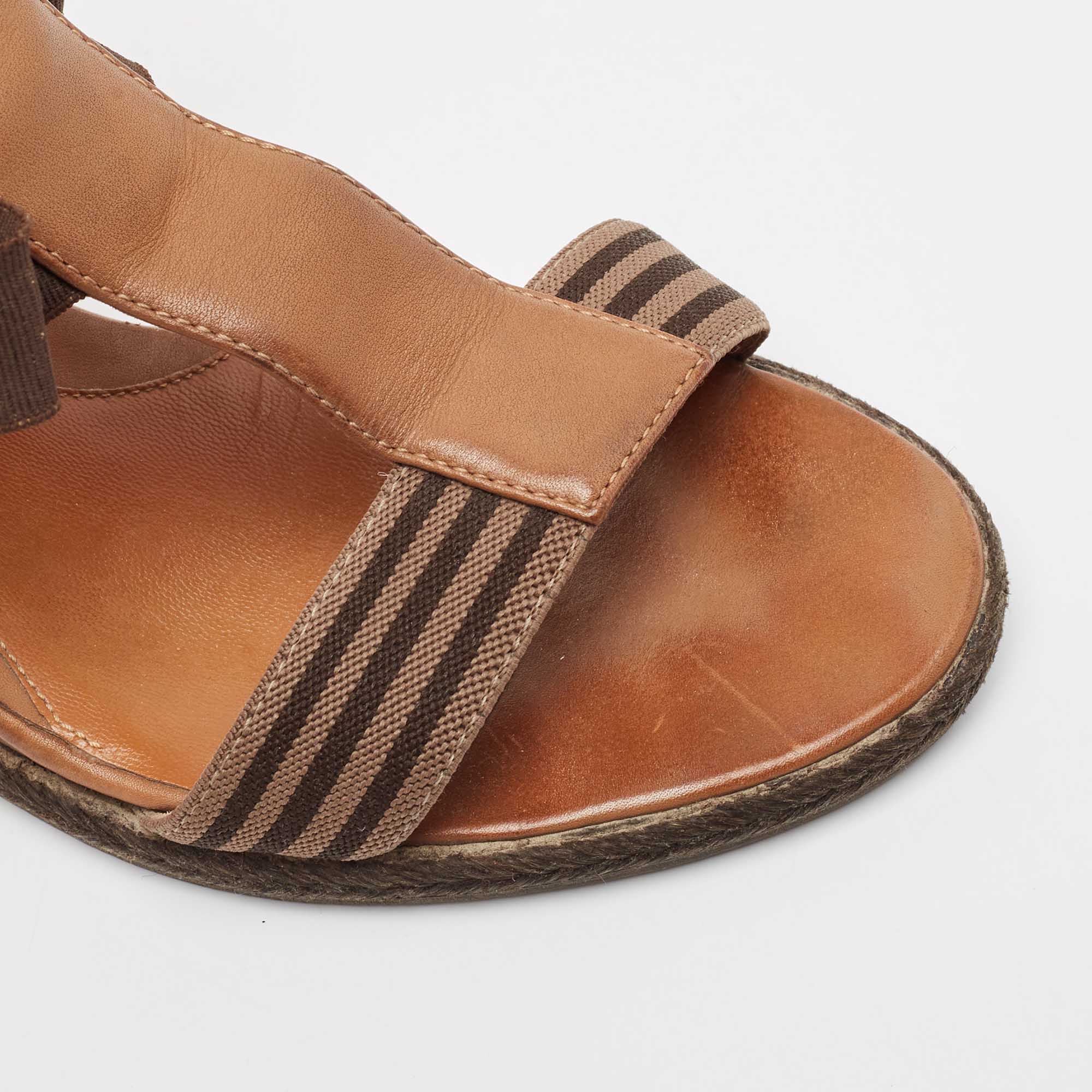 Fendi Brown Leather And Stretch Fabric Wedge Sandals Size 37