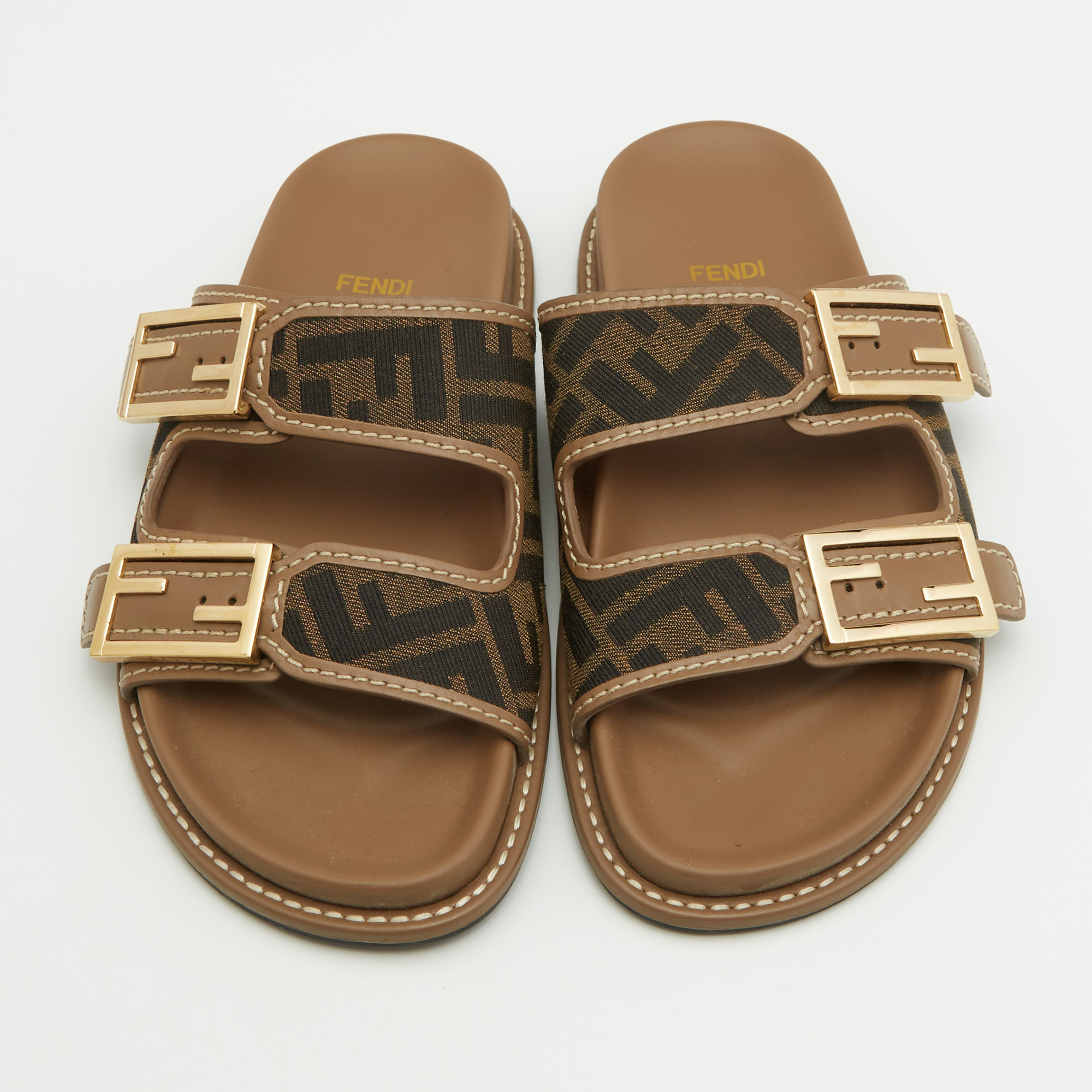 Fendi Brown Zucca Canvas And Leather FF Buckle Slides Size 37.5