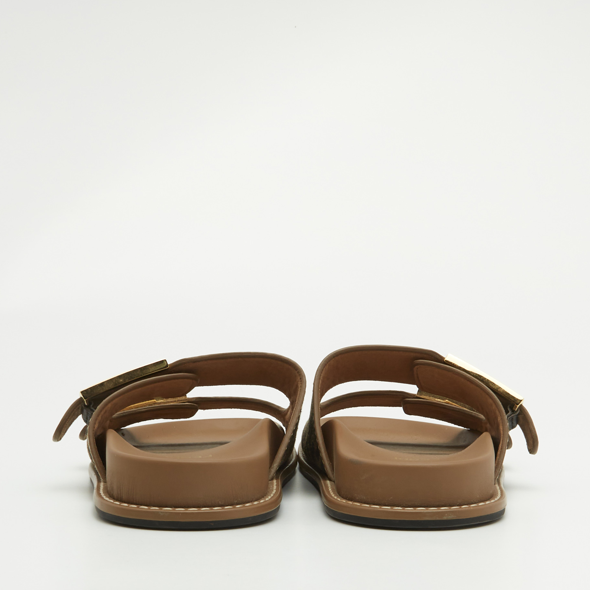 Fendi Brown Zucca Canvas And Leather FF Buckle Slides Size 37.5