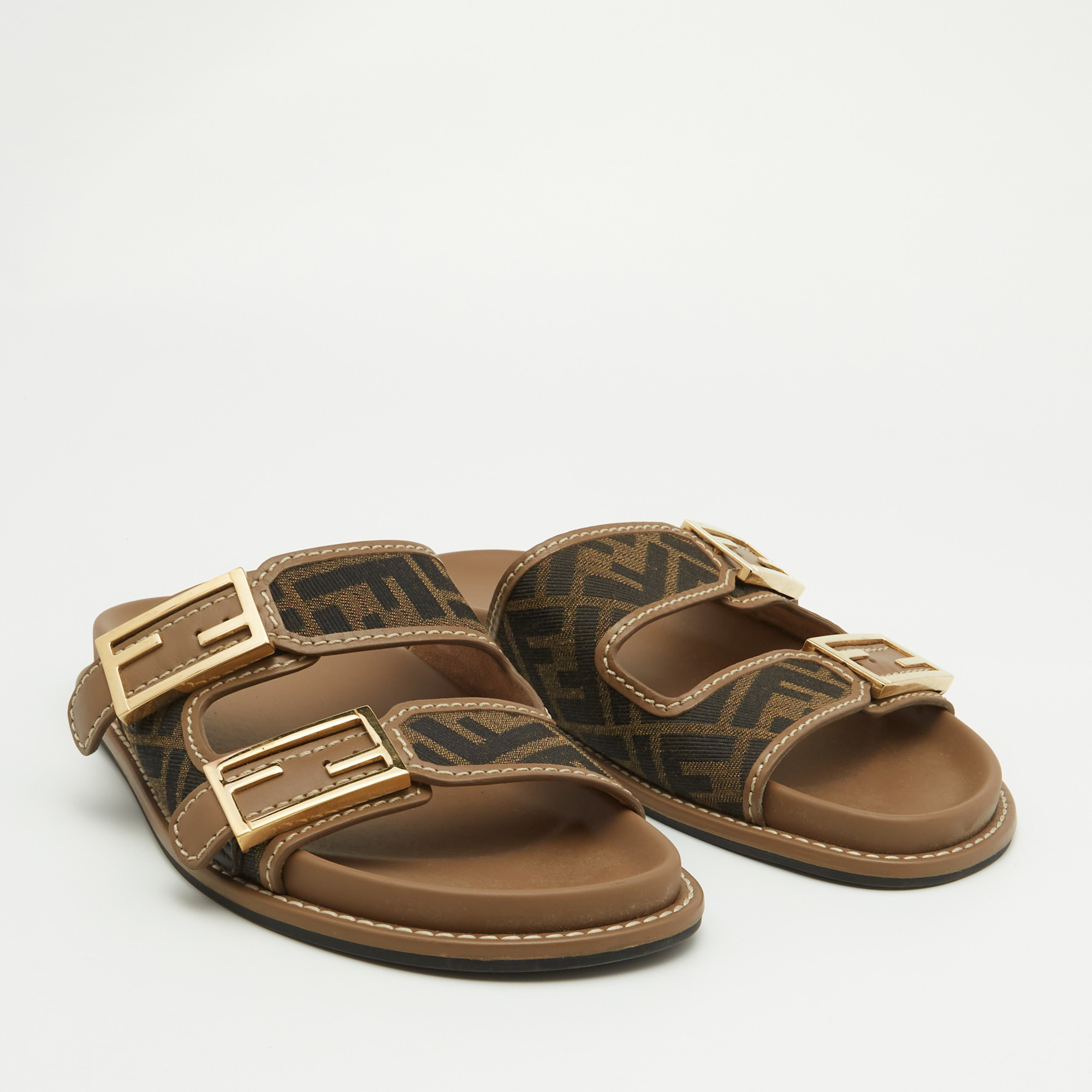 Fendi Brown Zucca Canvas And Leather FF Buckle Slides Size 37.5