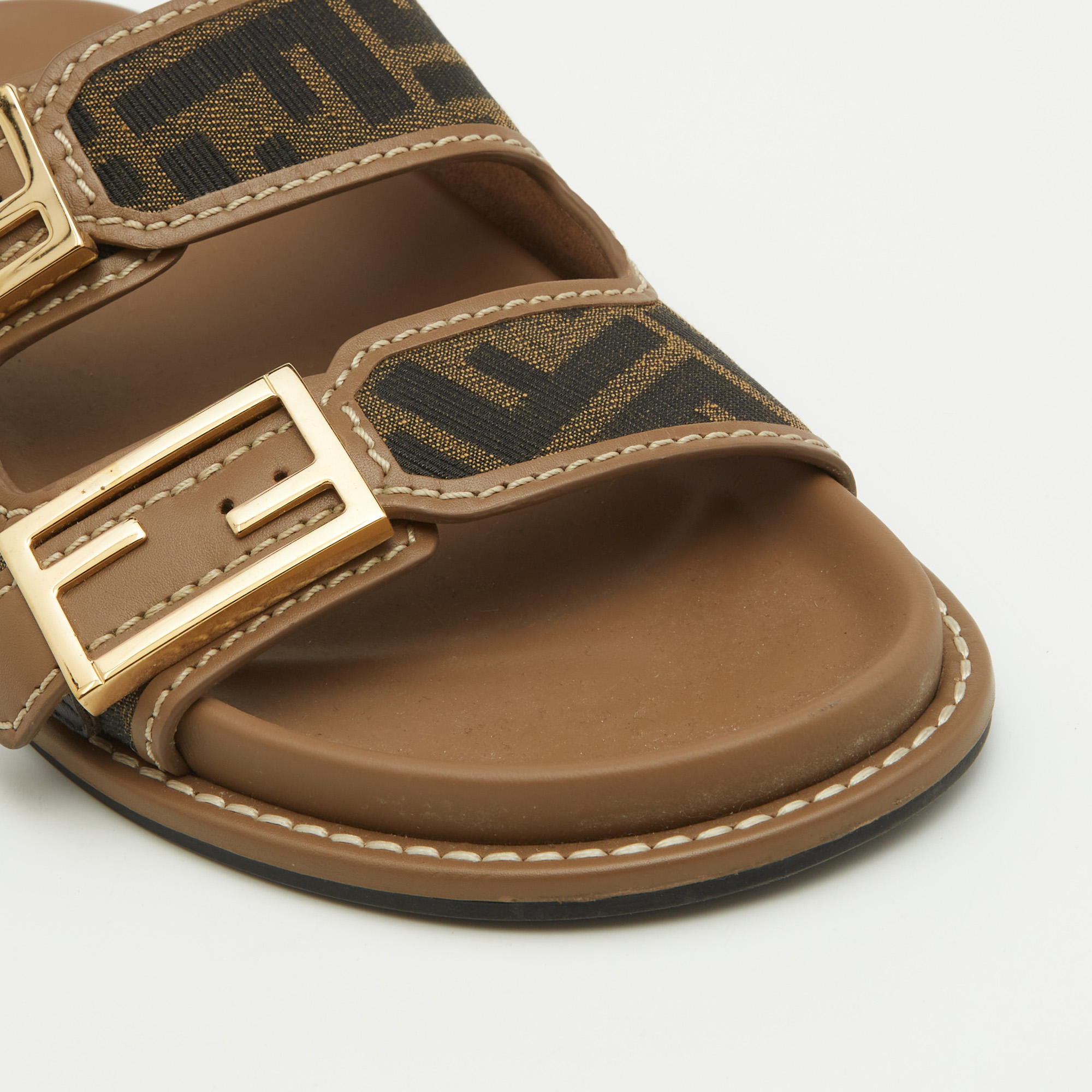 Fendi Brown Zucca Canvas And Leather FF Buckle Slides Size 37.5