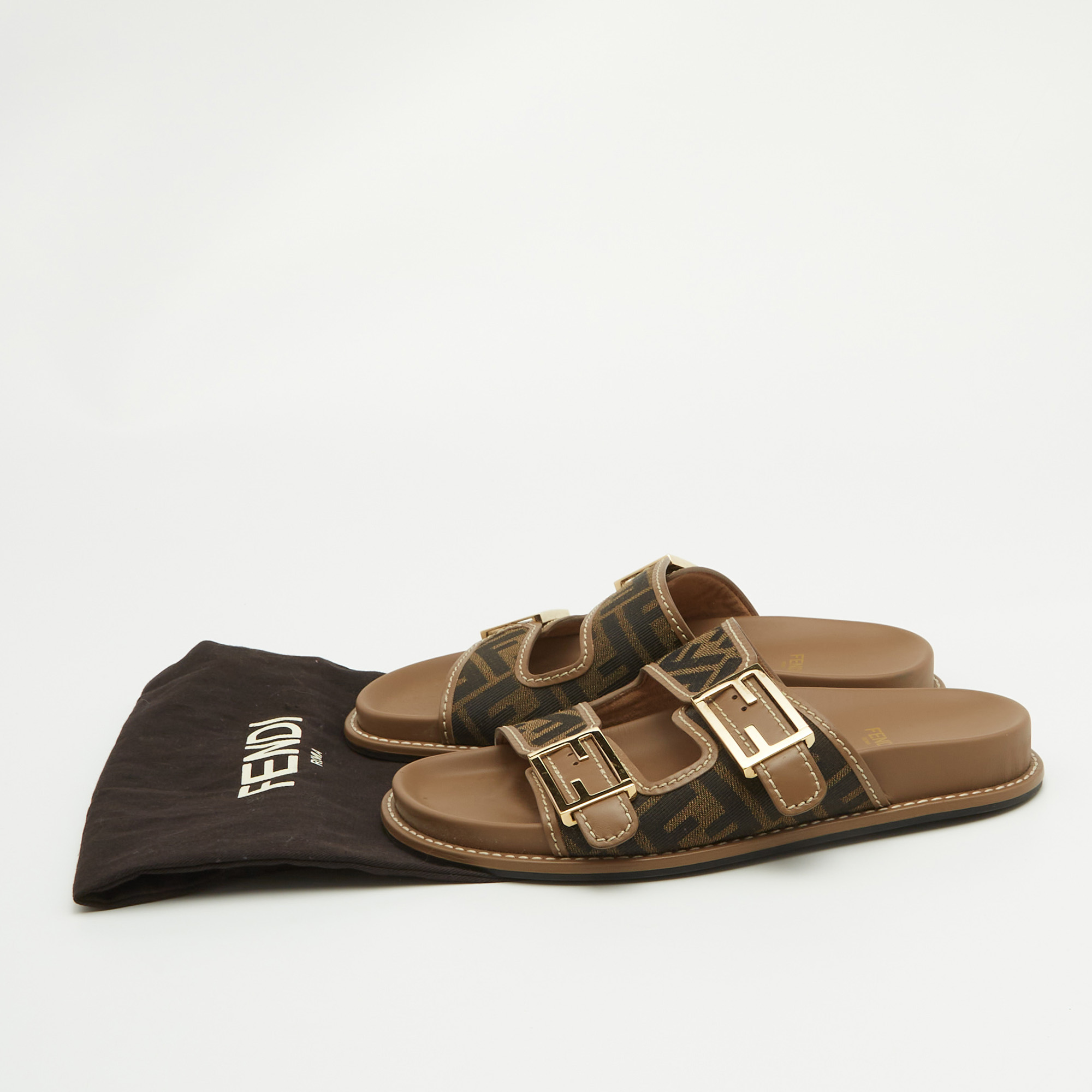 Fendi Brown Zucca Canvas And Leather FF Buckle Slides Size 37.5