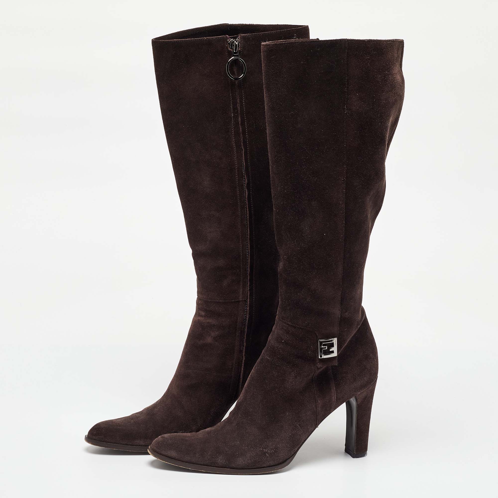 Fendi Dark Brown Suede Knee Length Boots Size 38