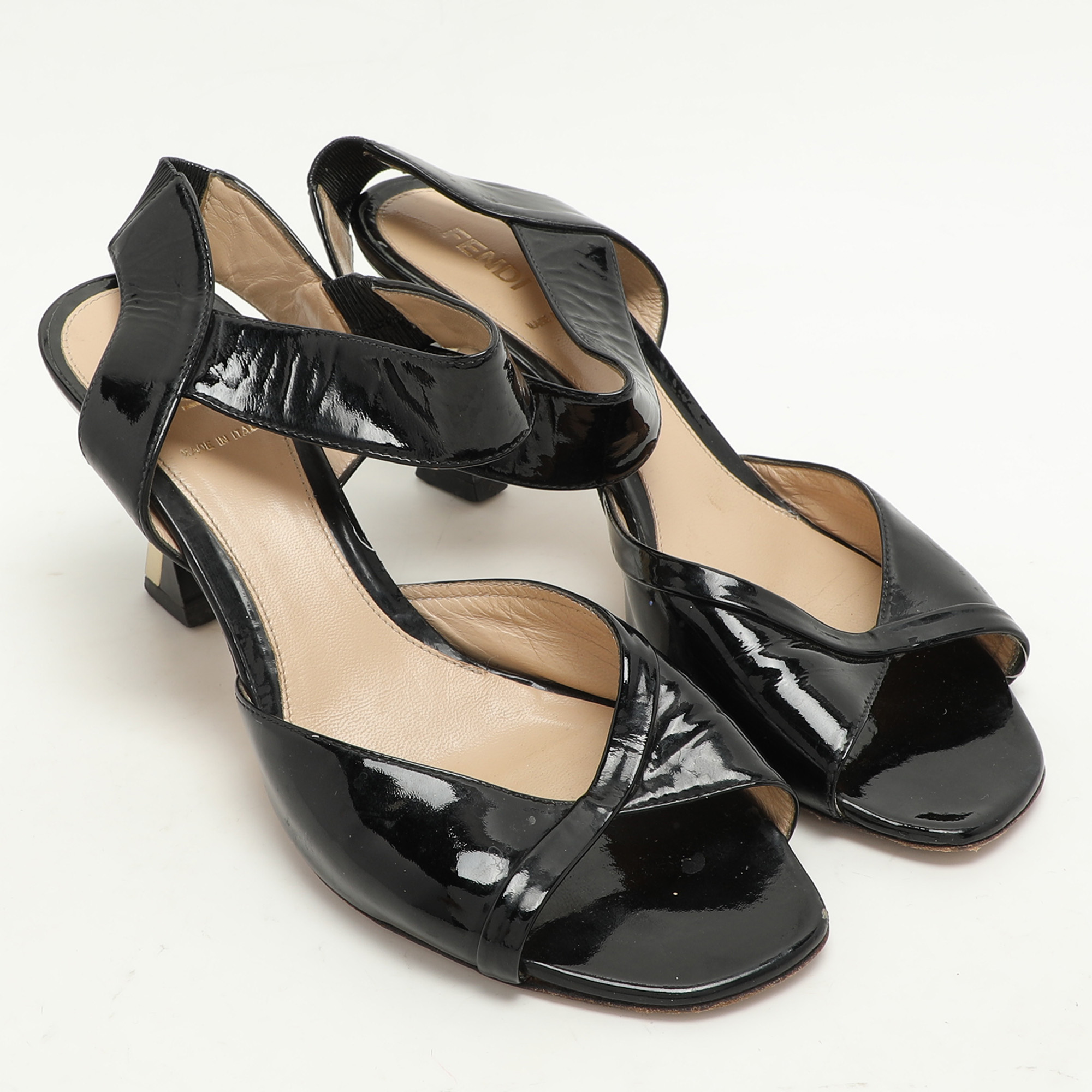 Fendi Black Patent Leather Ankle Strap Sandals Size 37.5