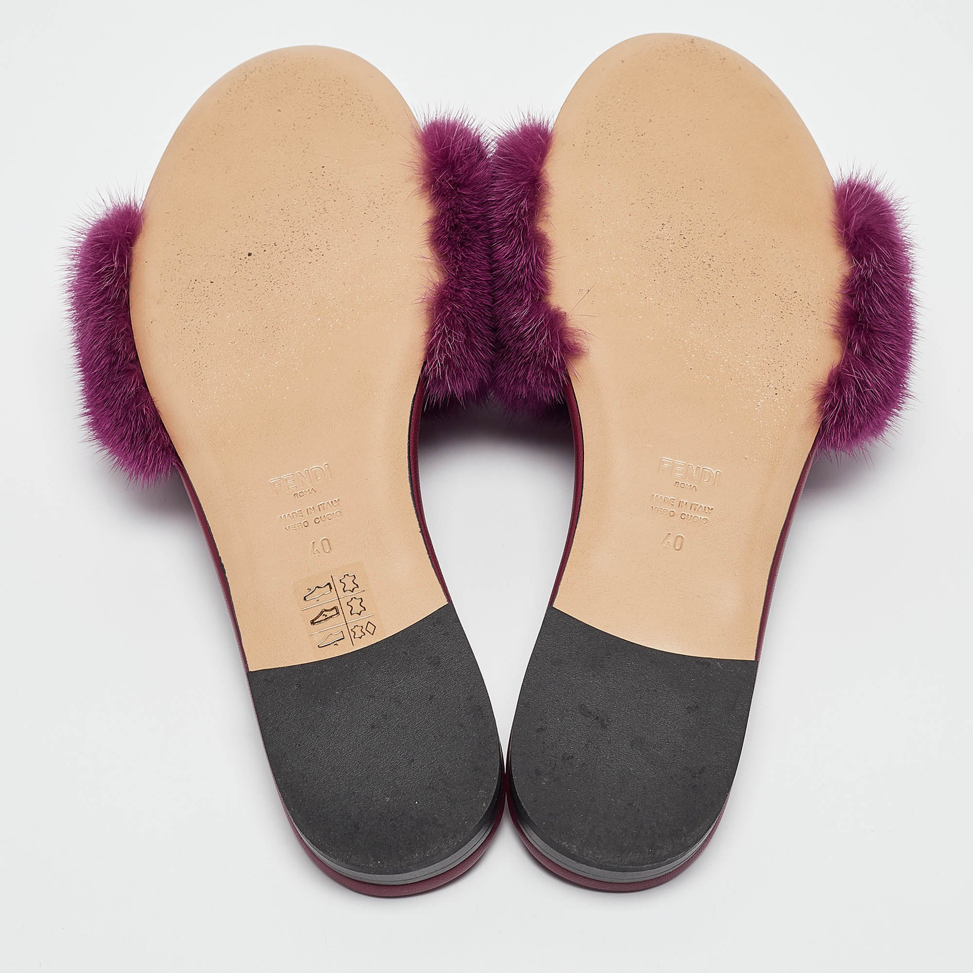 Fendi Purple Mink Fur Baguette Flat Slides Size 40