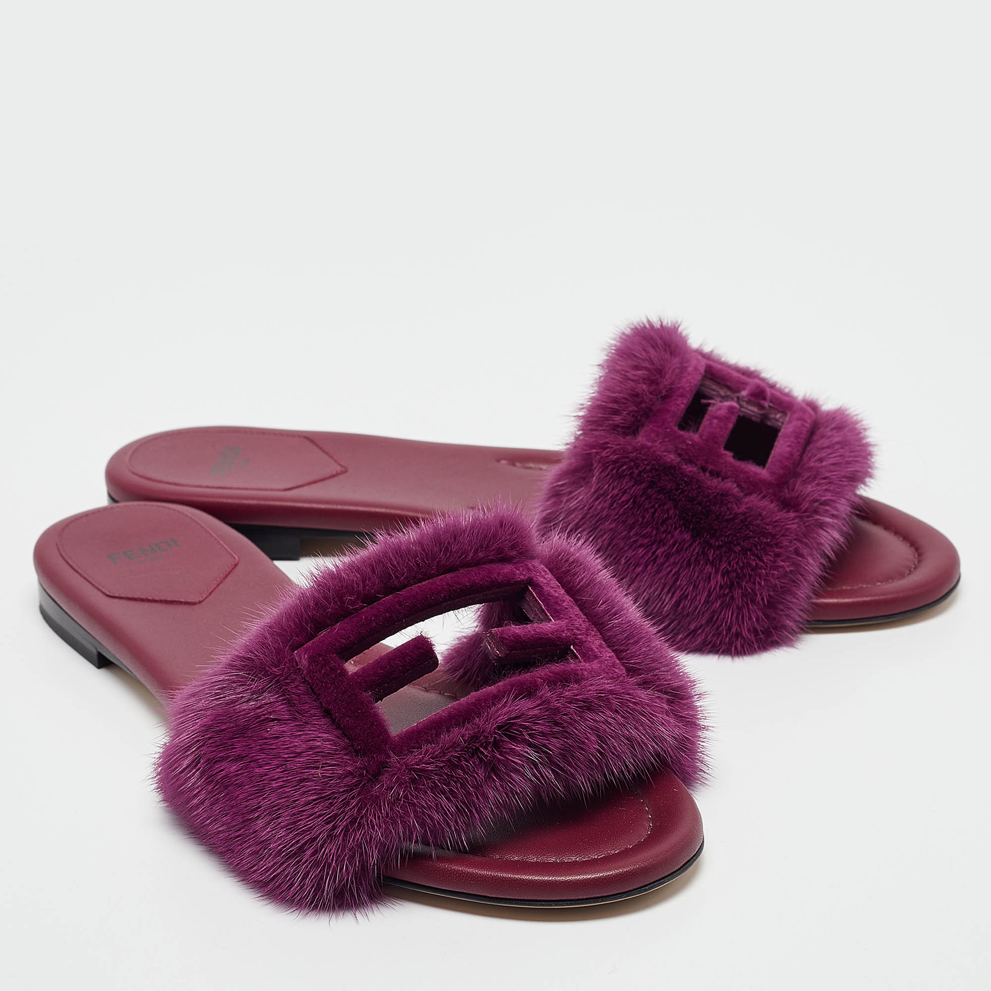 Fendi Purple Mink Fur Baguette Flat Slides Size 40