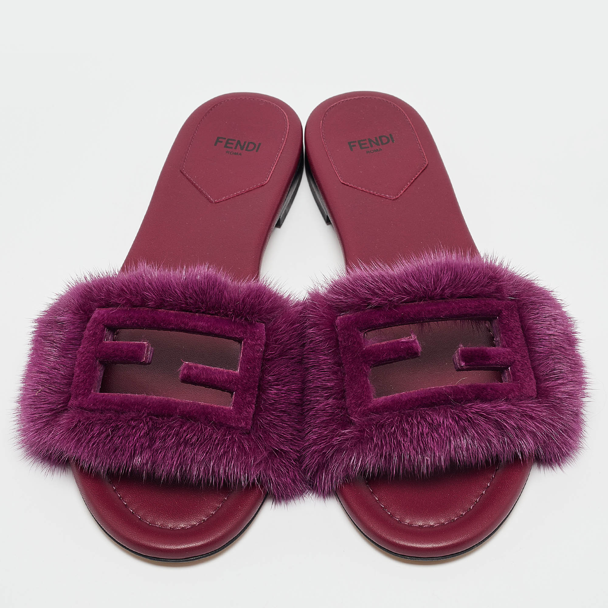 Fendi Purple Mink Fur Baguette Flat Slides Size 40