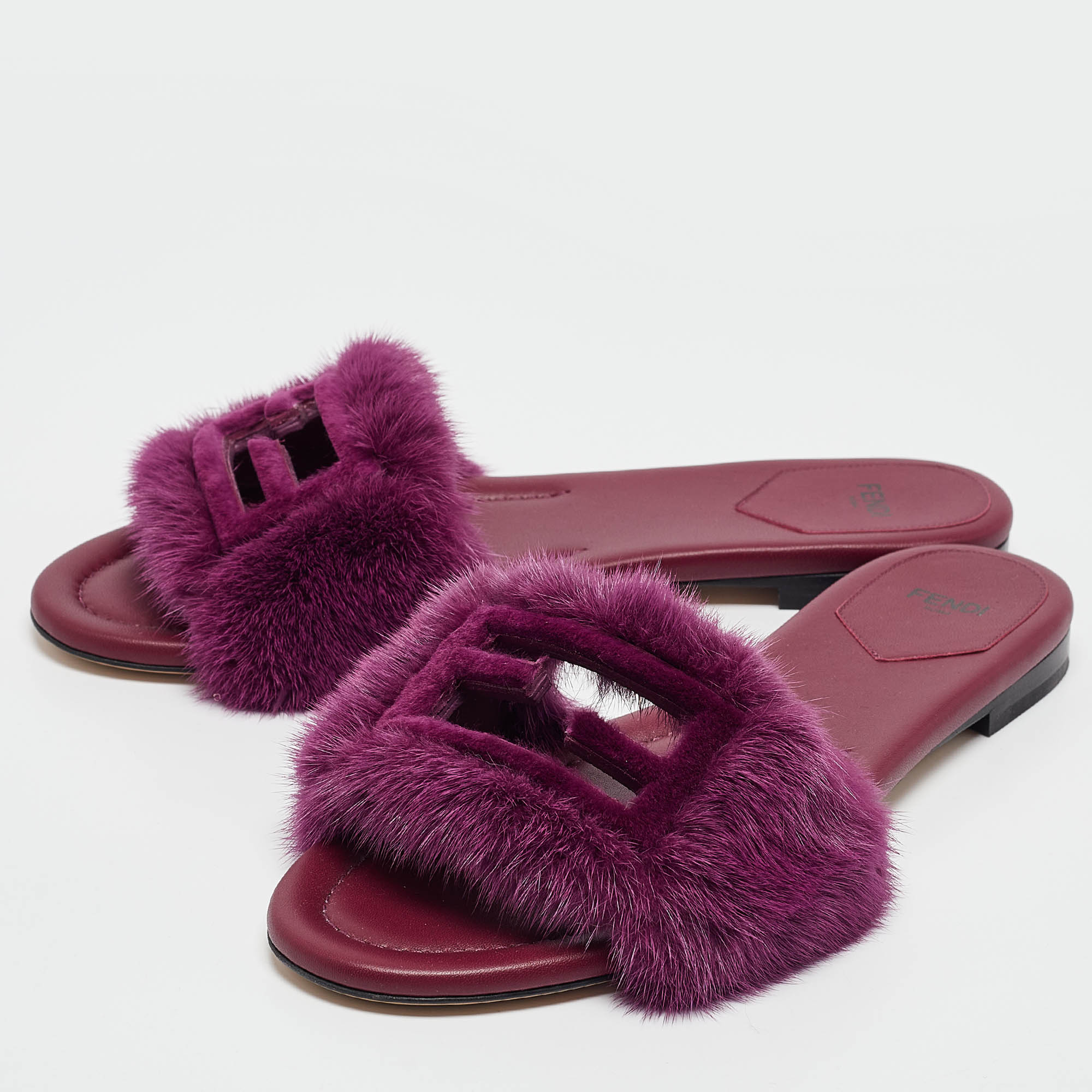 Fendi Purple Mink Fur Baguette Flat Slides Size 40