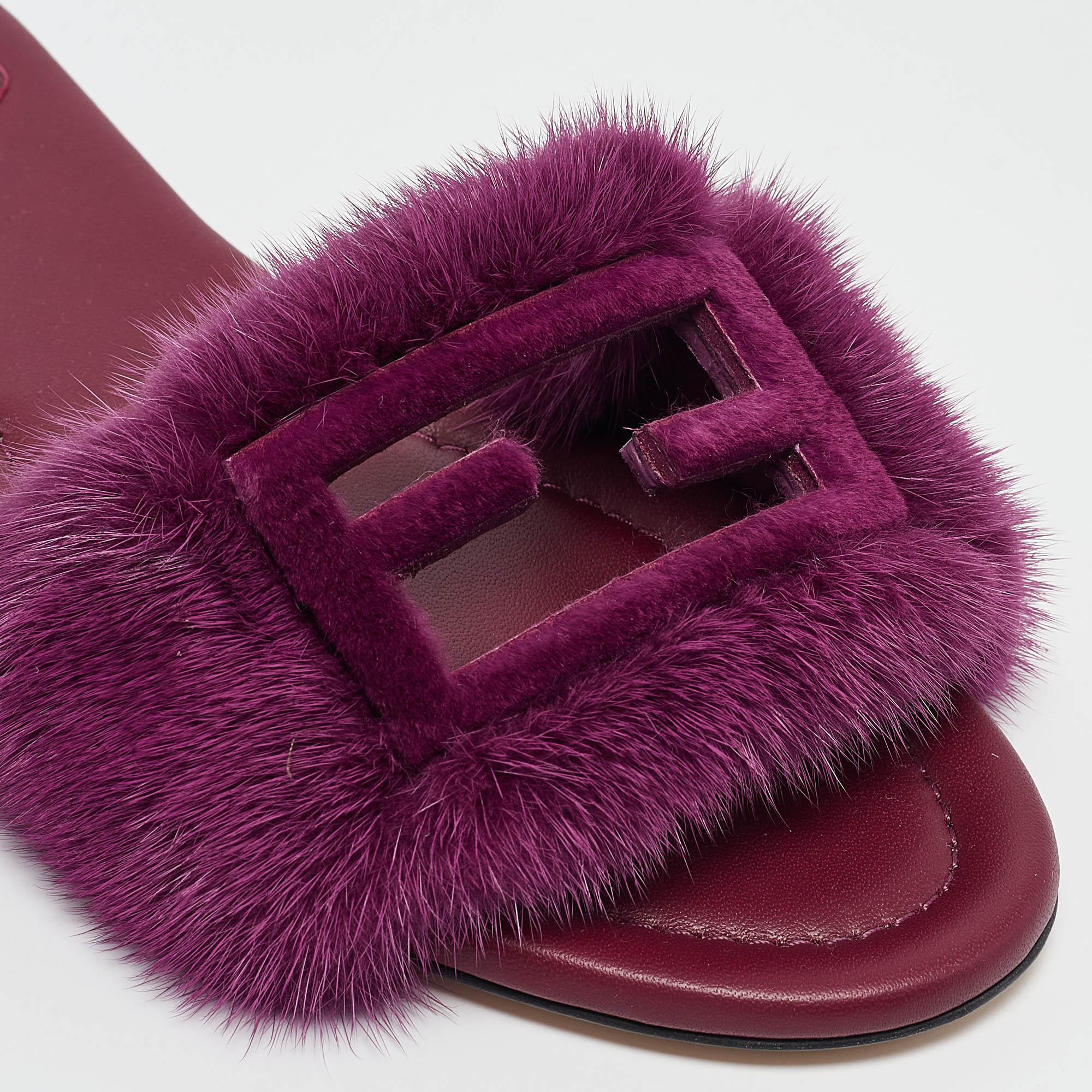 Fendi Purple Mink Fur Baguette Flat Slides Size 40