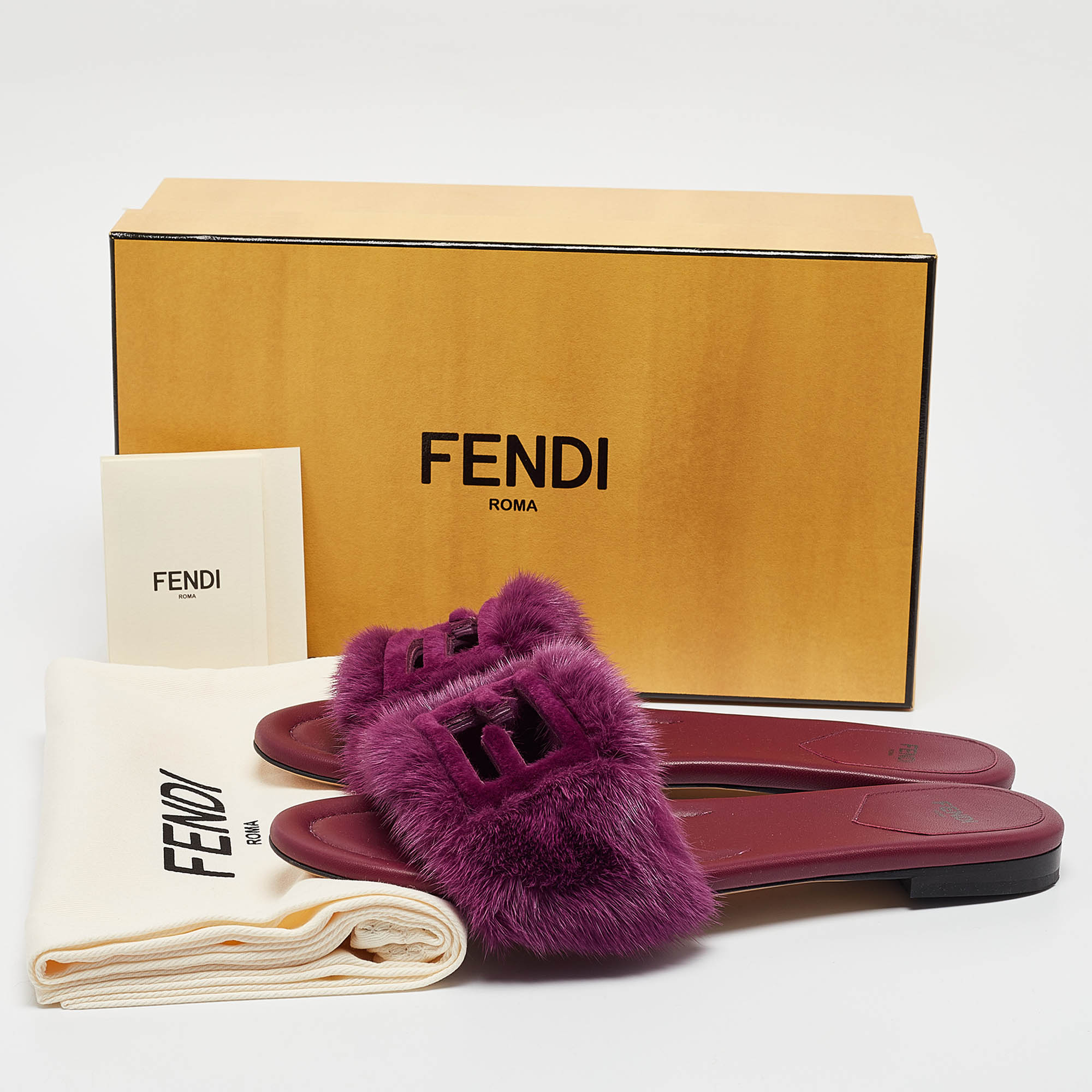 Fendi Purple Mink Fur Baguette Flat Slides Size 40