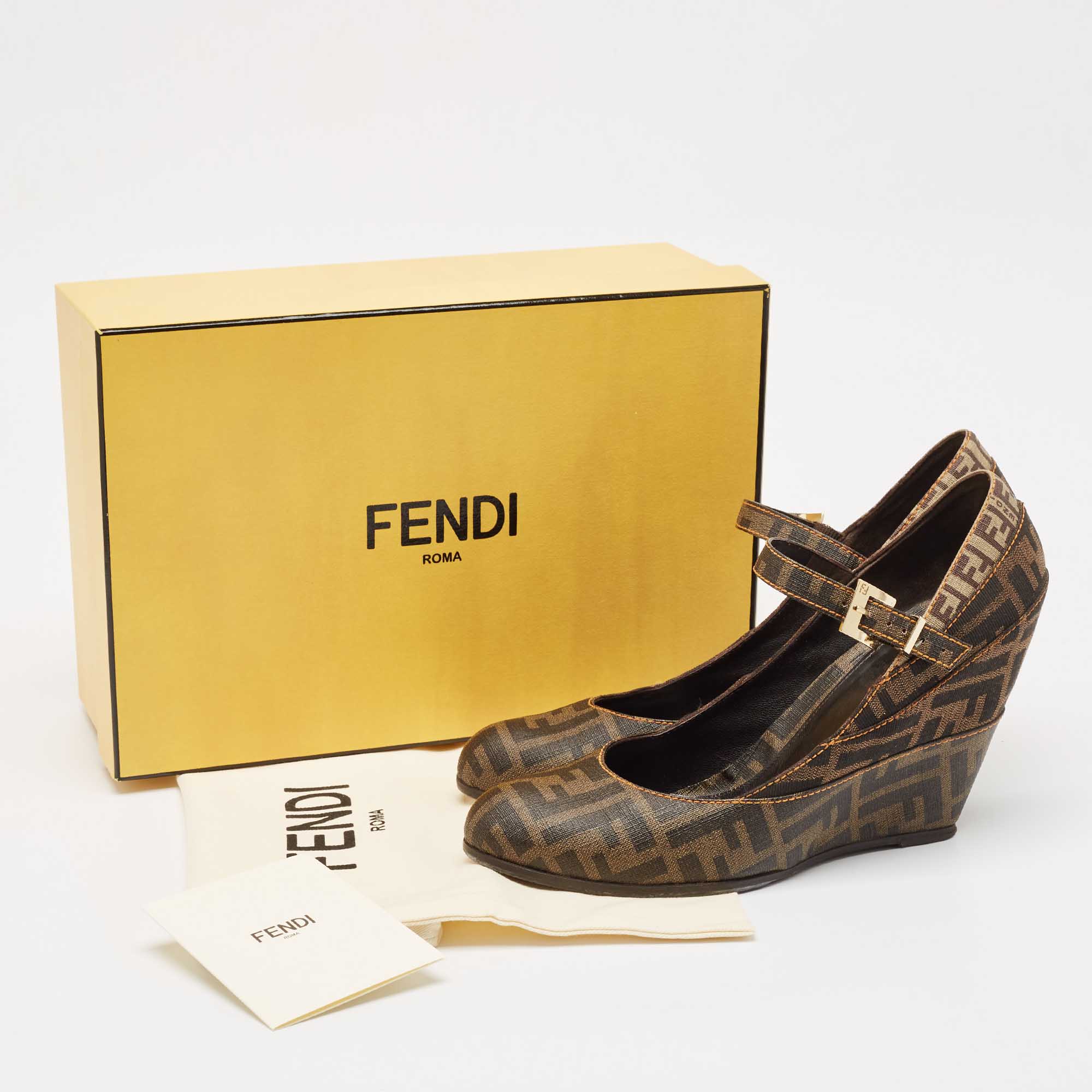 Fendi Tobacco Zucca Coated Canvas Wedge Pumps Size 40