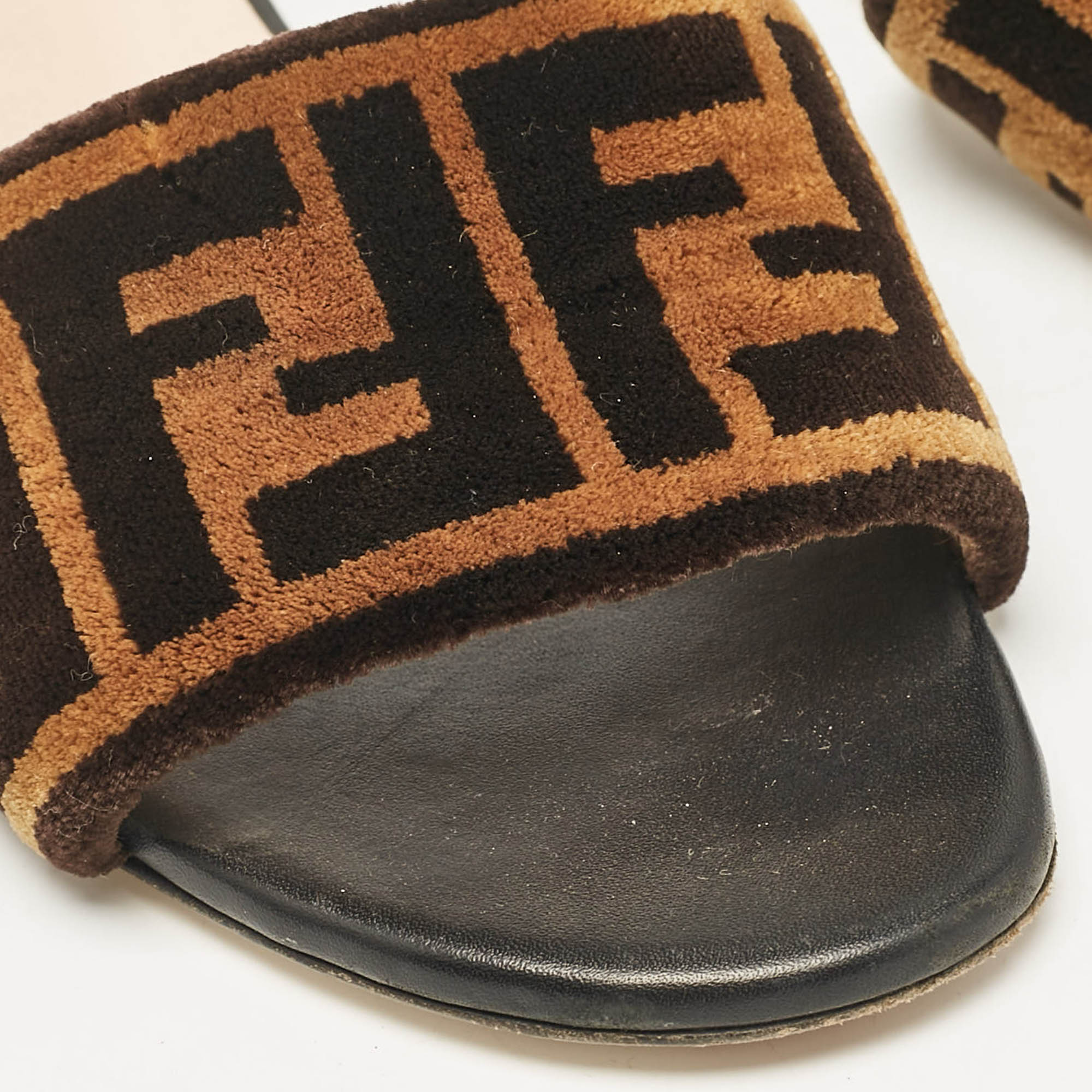 Fendi Brown/Black Zucca Velvet Flat Slides Size 35