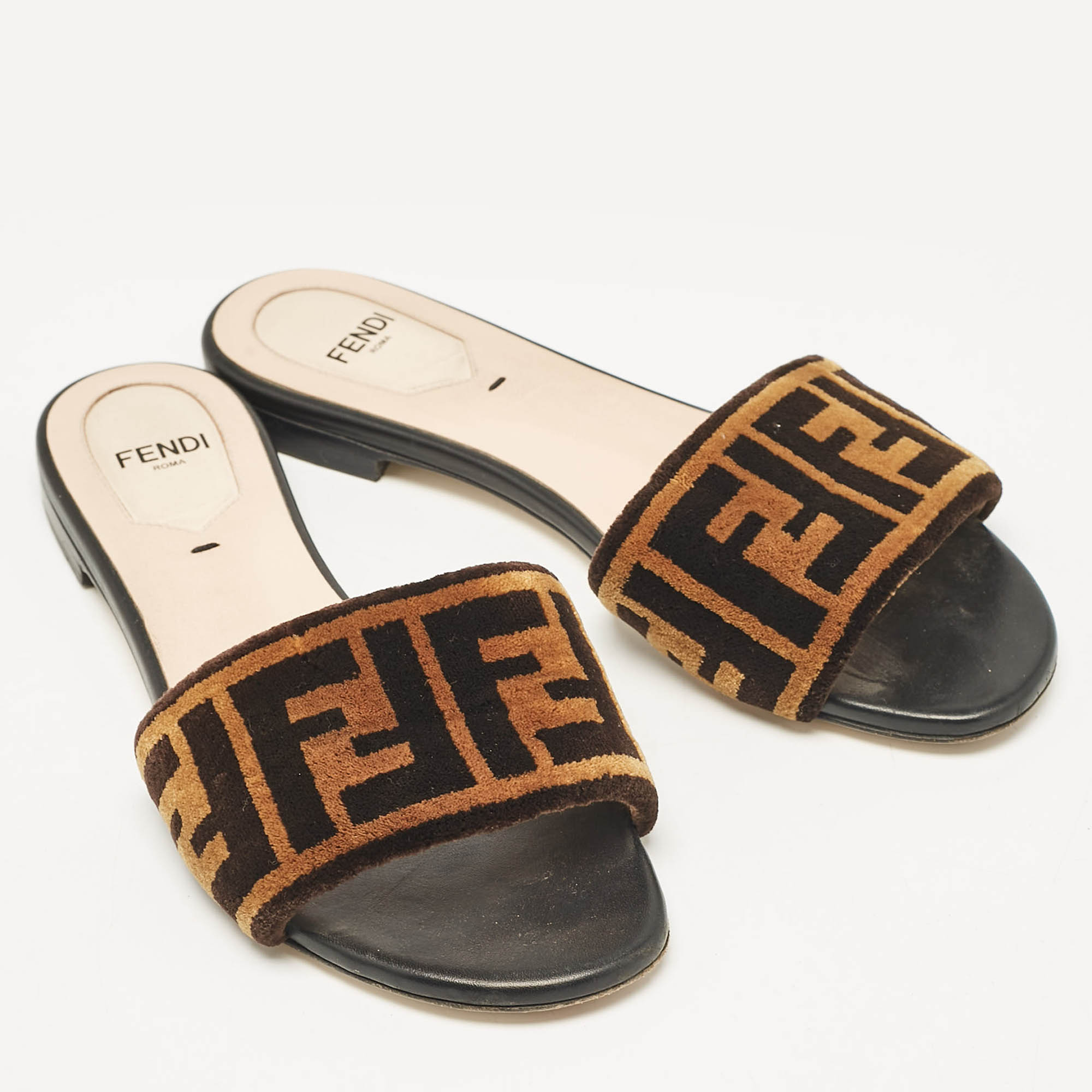 Fendi Brown/Black Zucca Velvet Flat Slides Size 35