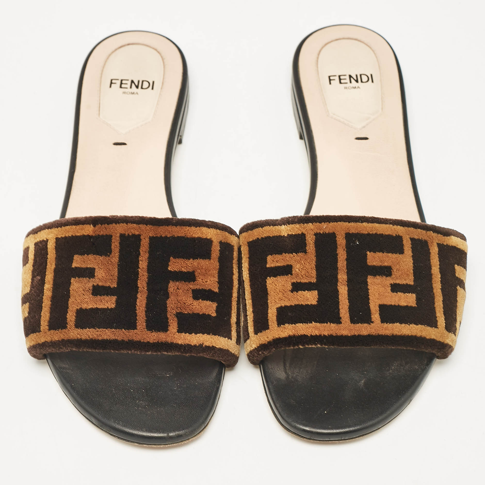 Fendi Brown/Black Zucca Velvet Flat Slides Size 35