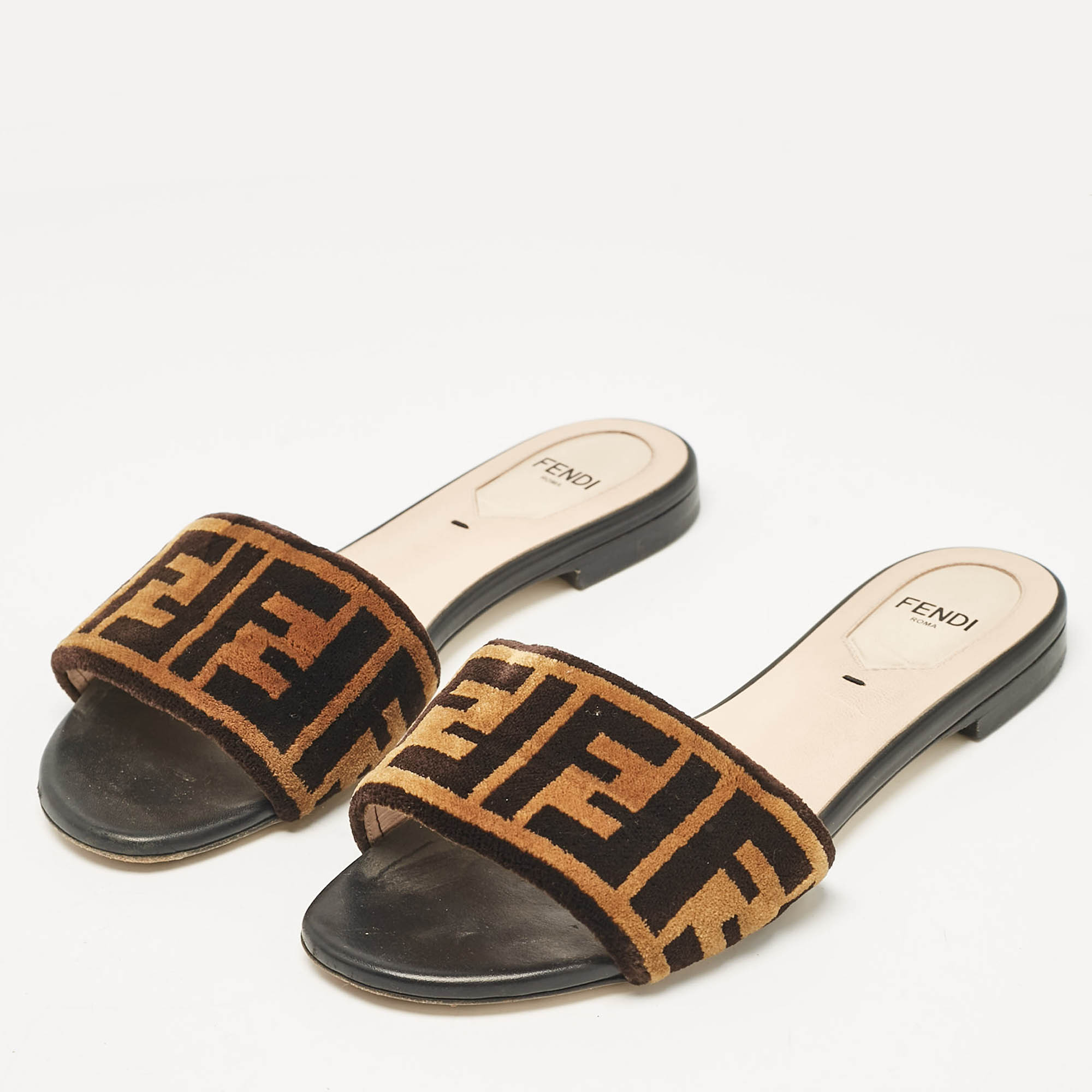 Fendi Brown/Black Zucca Velvet Flat Slides Size 35