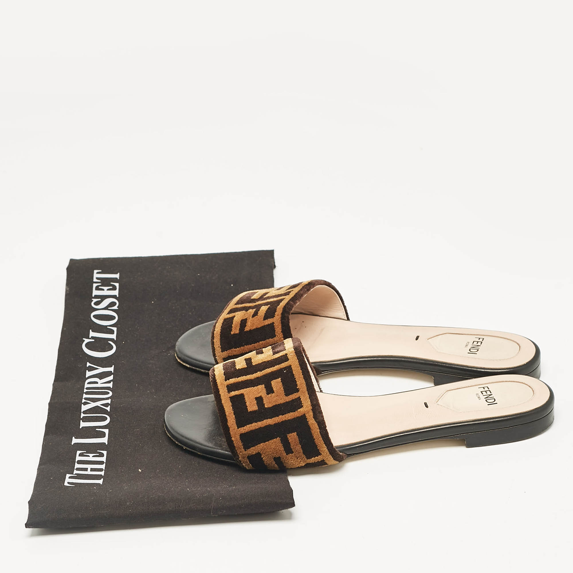 Fendi Brown/Black Zucca Velvet Flat Slides Size 35