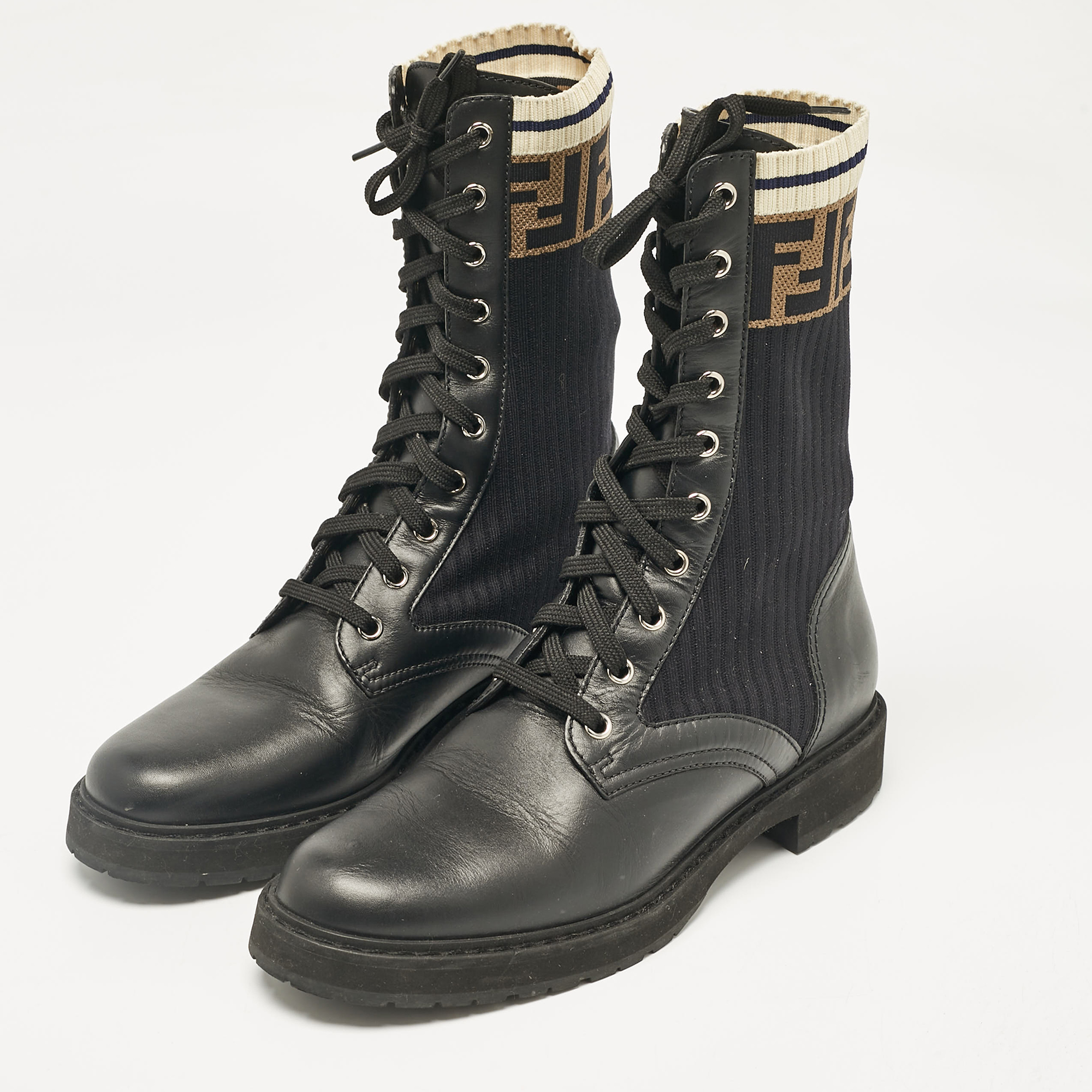 Fendi Black/Brown Fabric And Leather Rockoko Combat Boots Size 40