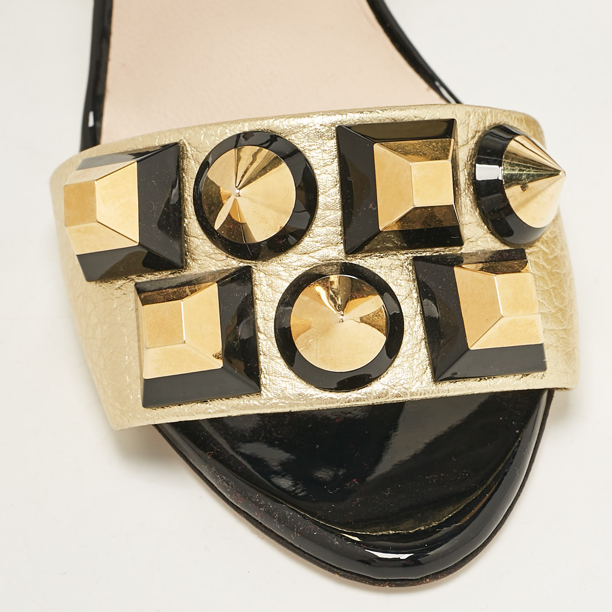 Fendi Gold/Black Leather And Patent Studded Ankle Strap Sandals Size 36