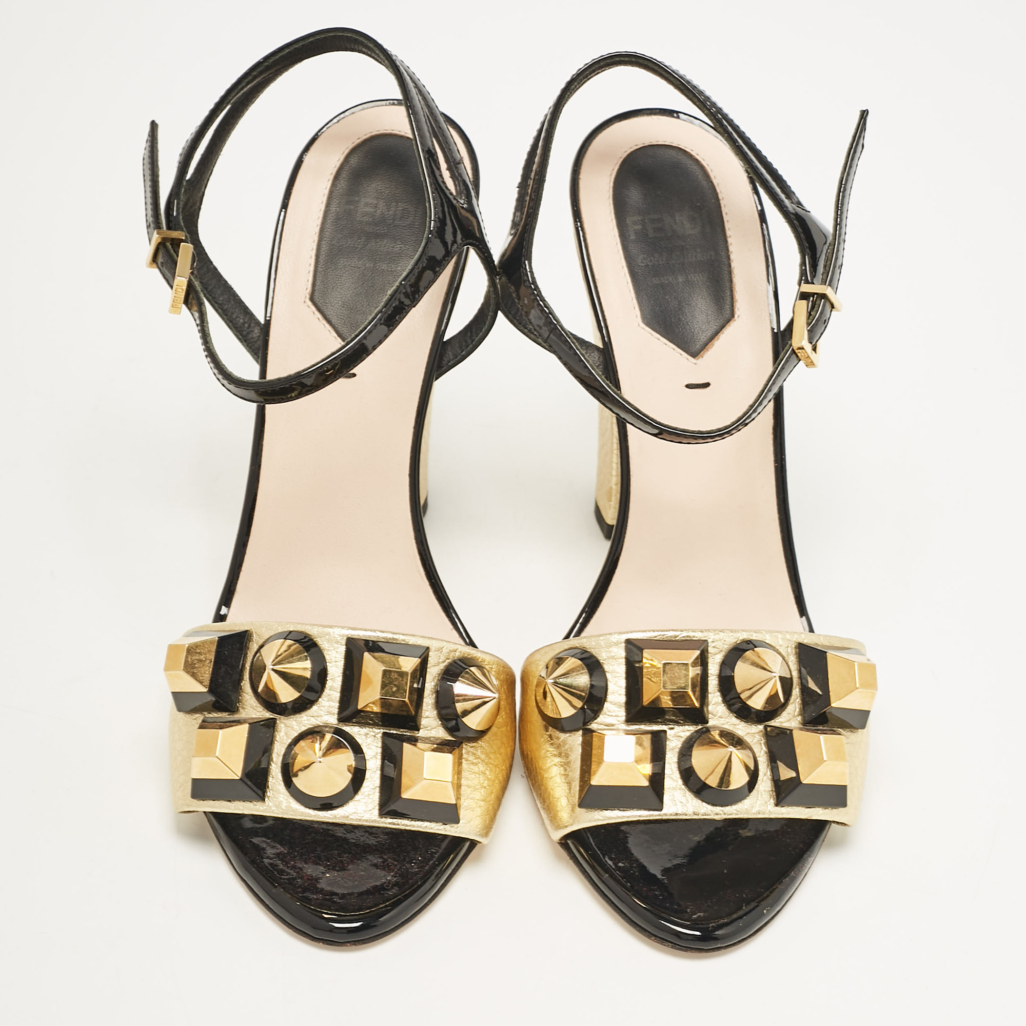 Fendi Gold/Black Leather And Patent Studded Ankle Strap Sandals Size 36