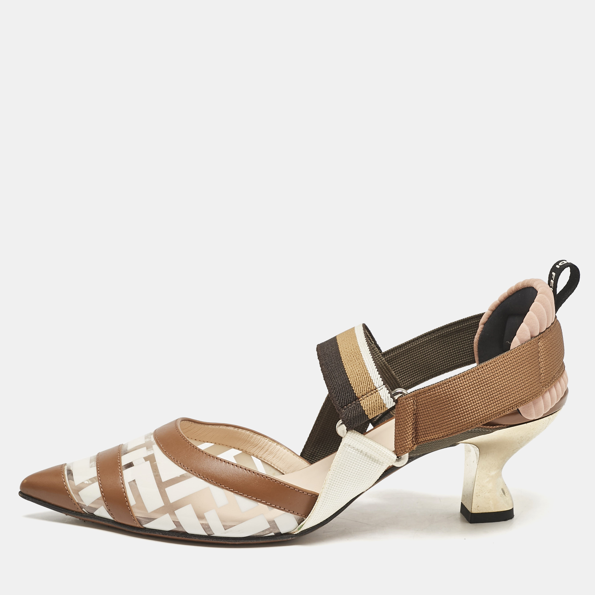 Fendi Brown/White Zucca PVC, Leather and Fabric Colibri Slingback Pumps Size
Fendi Brown/White Zucca PVC, Leather and Fabric Colibri Slingback Pumps Size