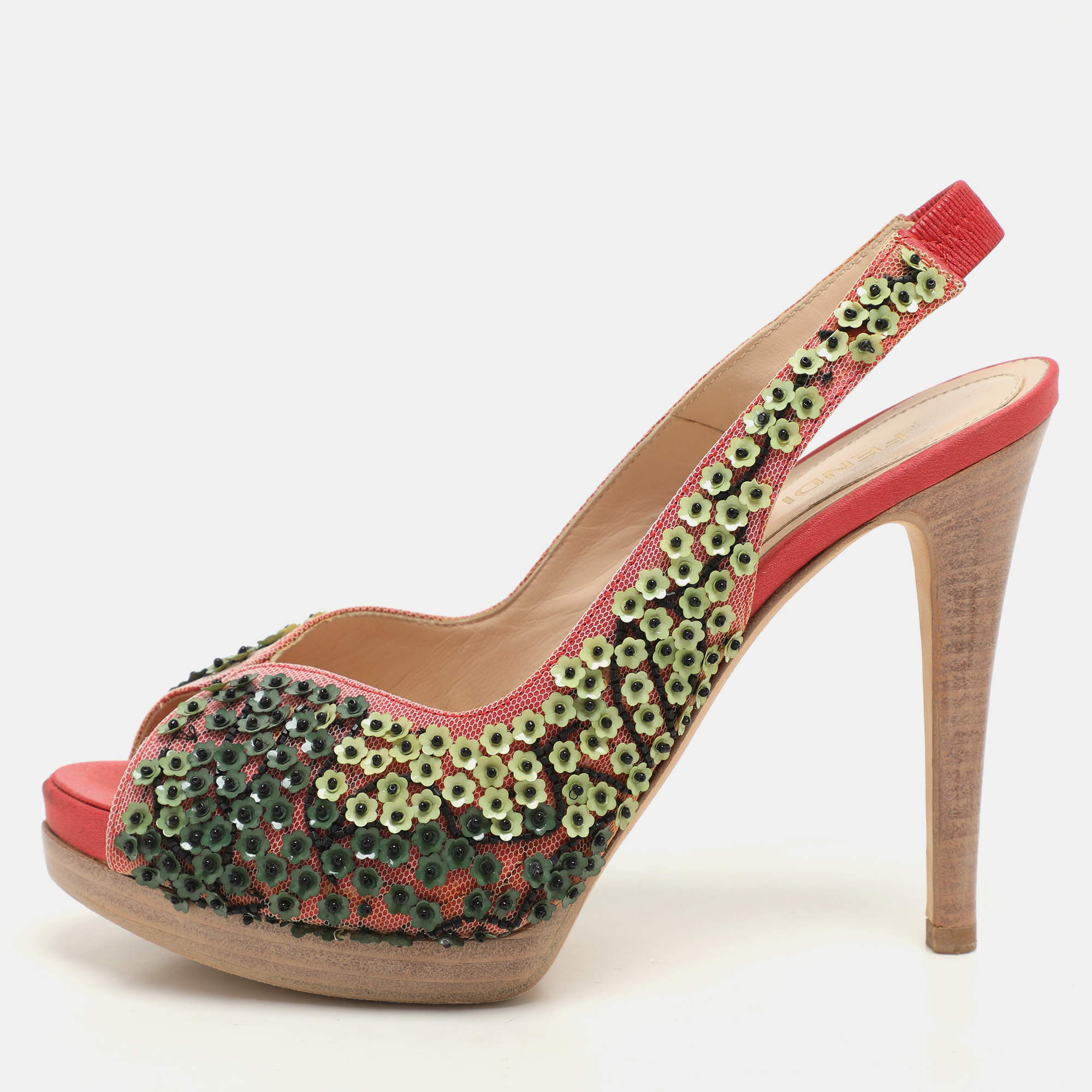 Fendi Pink/Green Mesh Embellished Peep Toe Slingback Pumps Size
Fendi Pink/Green Mesh Embellished Peep Toe Slingback Pumps Size