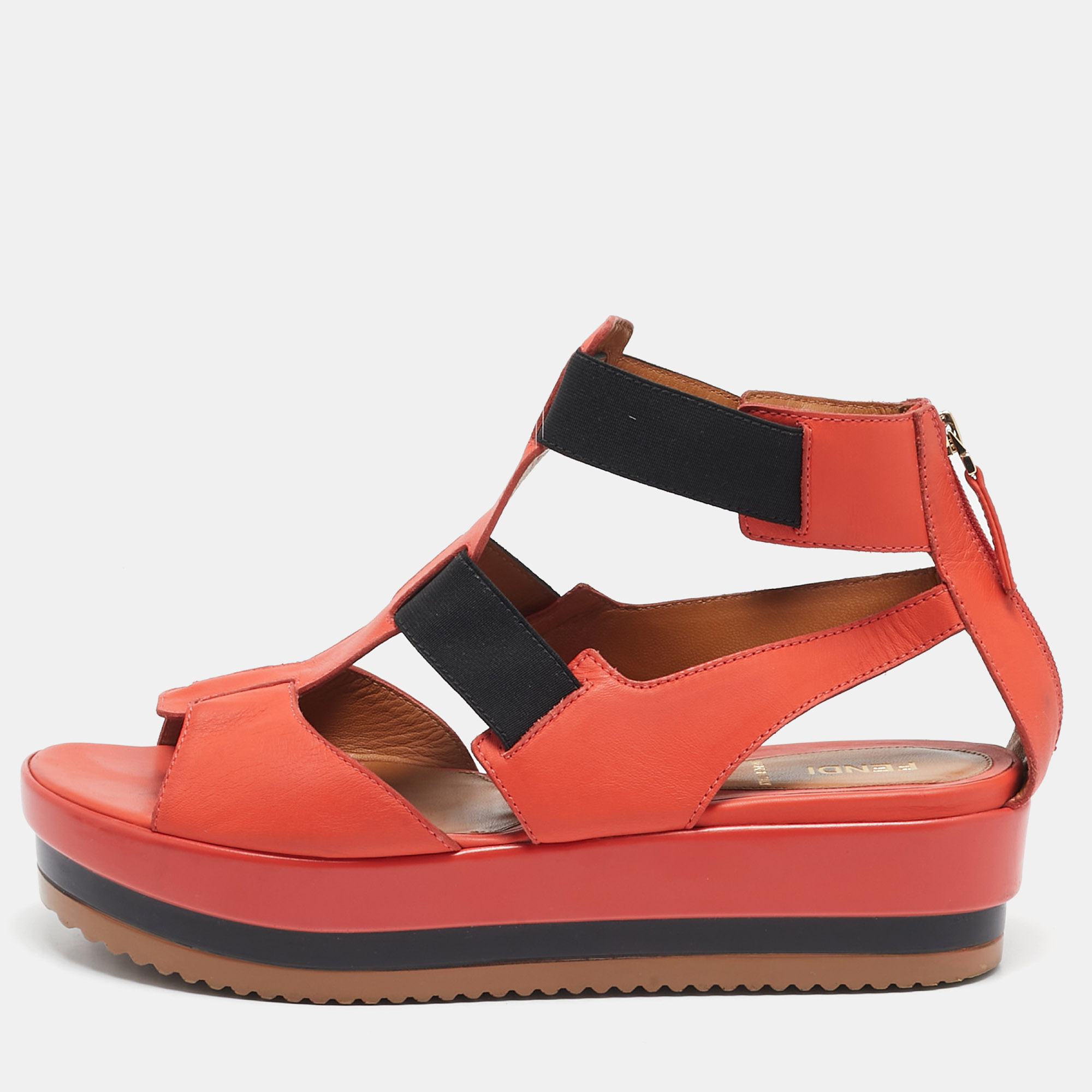 Fendi Orange/Black Leather and Elastic Strappy Platform Sandals Size 38.5
Fendi Orange/Black Leather and Elastic Strappy Platform Sandals Size 38.5
