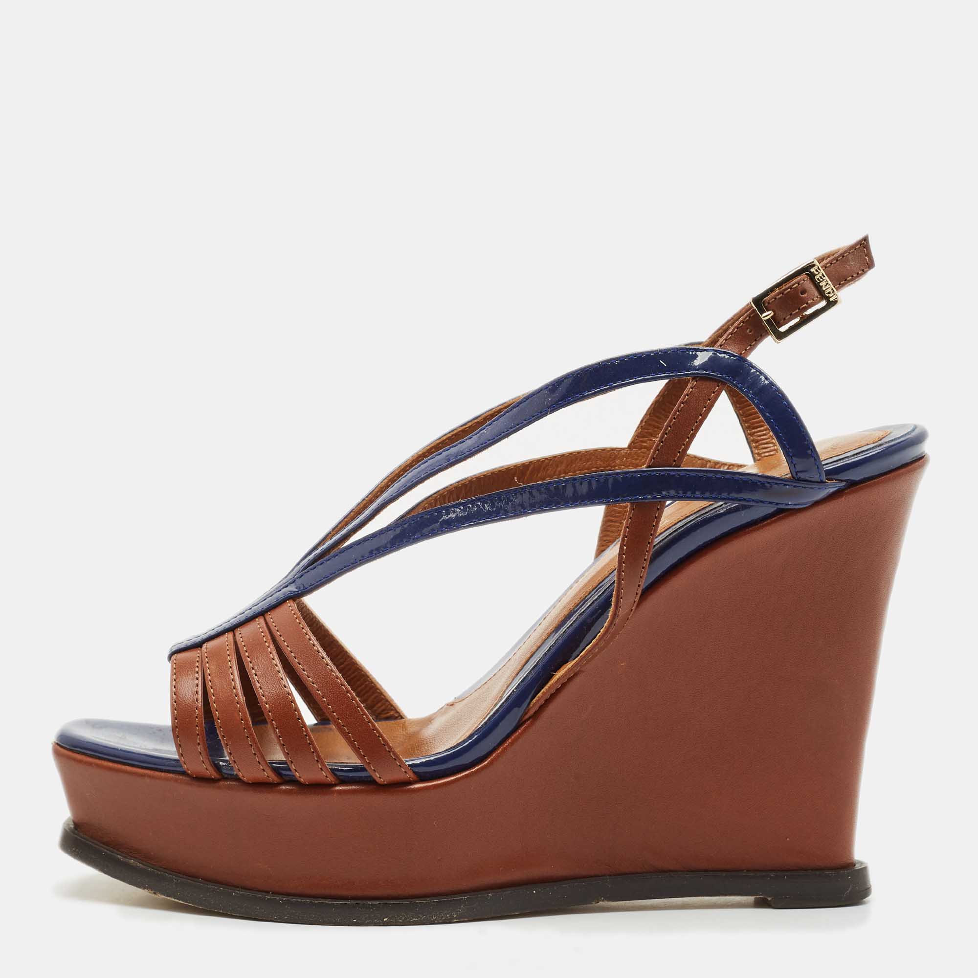 Fendi Brown/Blue Leather Fendista Strappy Platform Wedge Sandals Size
Fendi Brown/Blue Leather Fendista Strappy Platform Wedge Sandals Size