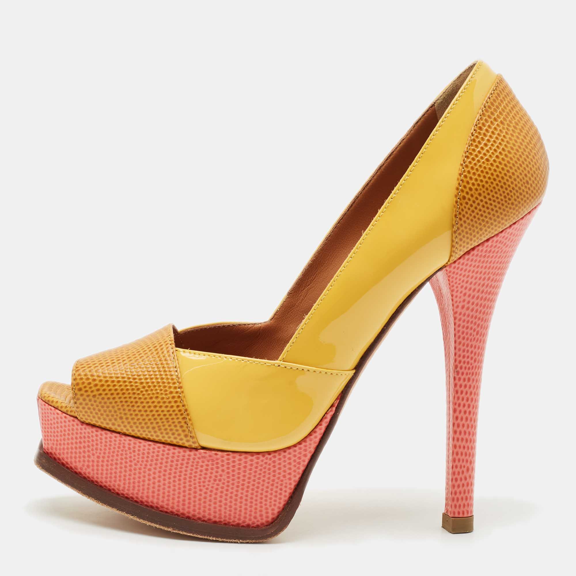 Fendi Yellow/Pink Patent and Lizard Embossed Leather Fendista Peep Toe Platform Pumps Size
Fendi Yellow/Pink Patent and Lizard Embossed Leather Fendista Peep Toe Platform Pumps Size