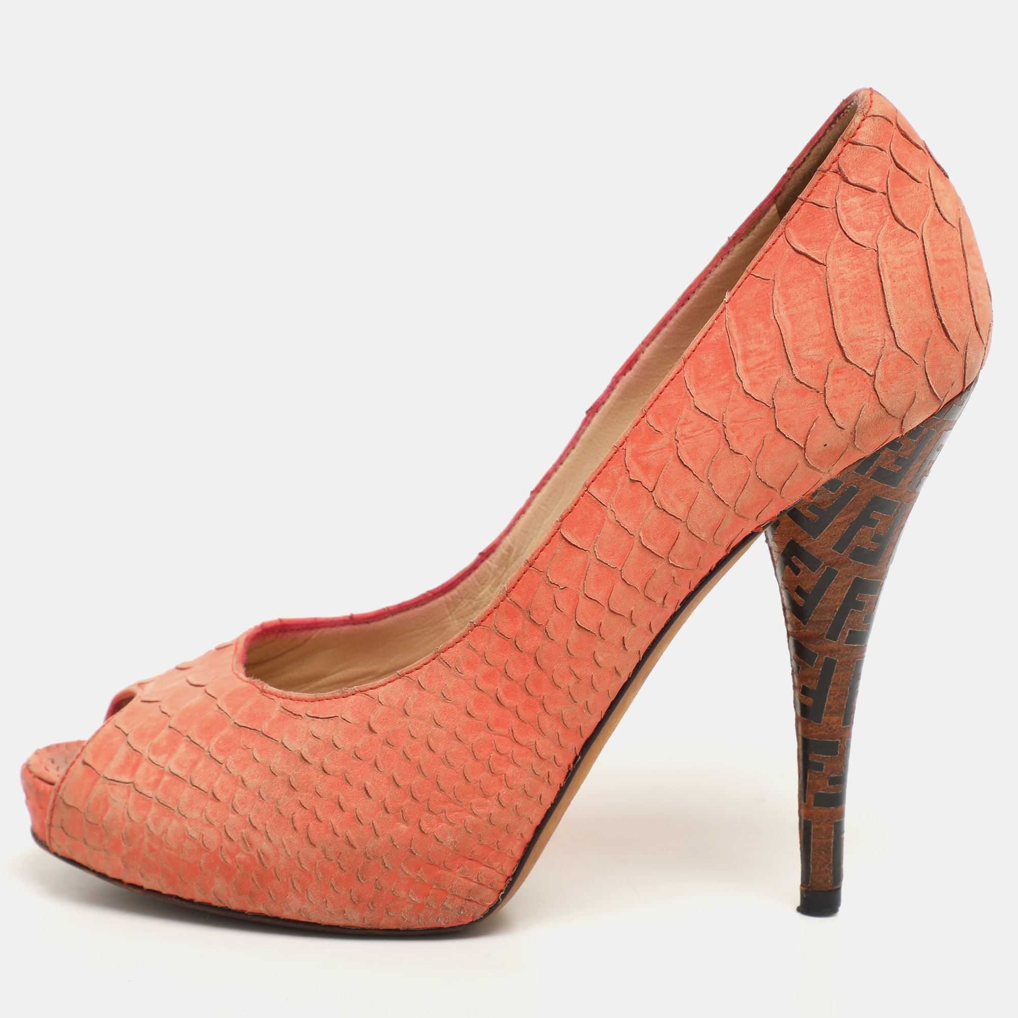 Fendi Orange Python Embossed Leather Peep Toe Platform Pumps Size 36
Fendi Orange Python Embossed Leather Peep Toe Platform Pumps Size 36