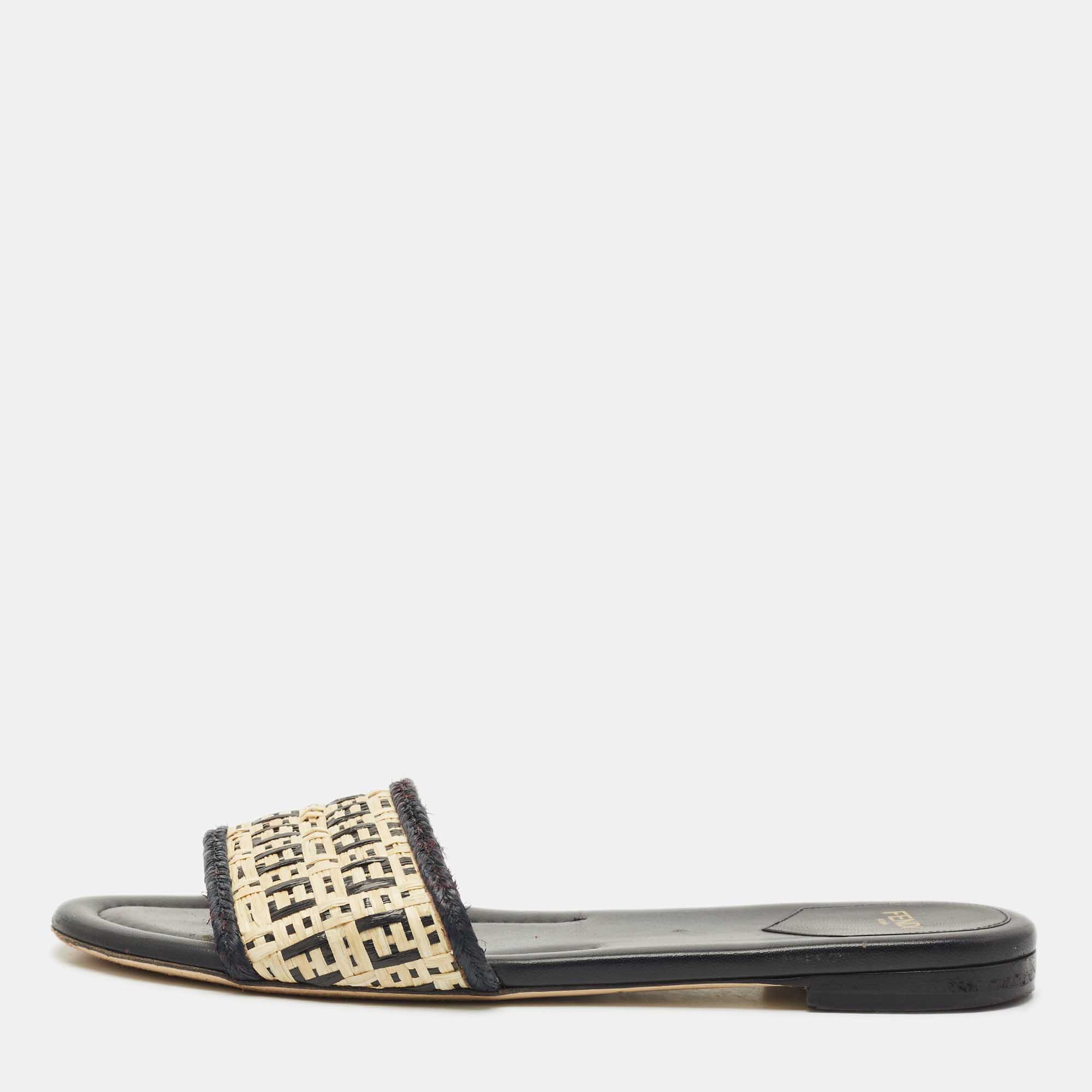 Fendi Black/Cream Woven Raffia and Leather FF Flat Slides Size
Fendi Black/Cream Woven Raffia and Leather FF Flat Slides Size