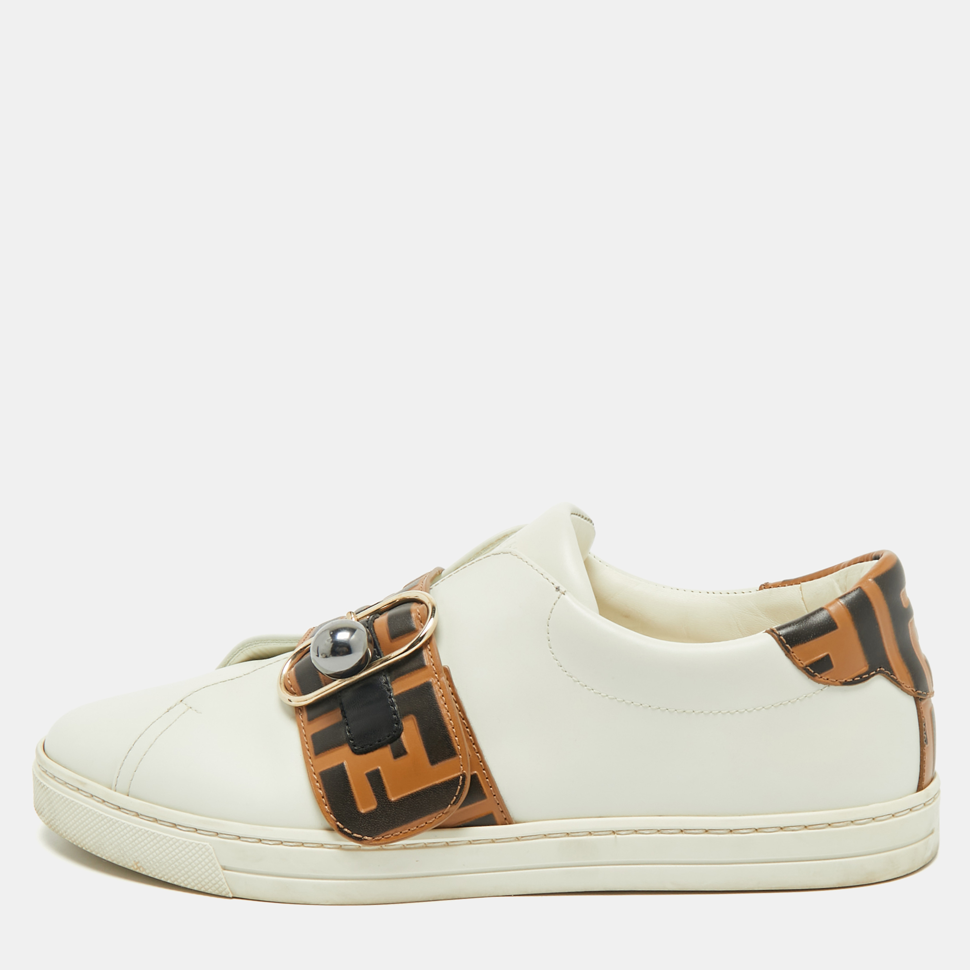 Fendi White/Brown Leather FF Buckle Strap Pearland Slip On Sneakers Size
Fendi White/Brown Leather FF Buckle Strap Pearland Slip On Sneakers Size