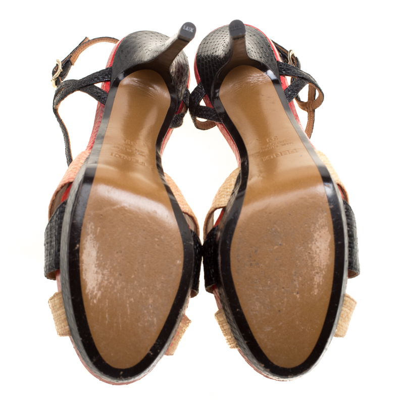 Fendi Tri Color Raffia And Snakeskin Strappy Slingback Platform Sandals Size 39