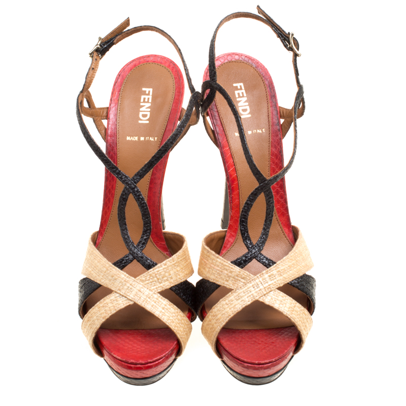 Fendi Tri Color Raffia And Snakeskin Strappy Slingback Platform Sandals Size 39