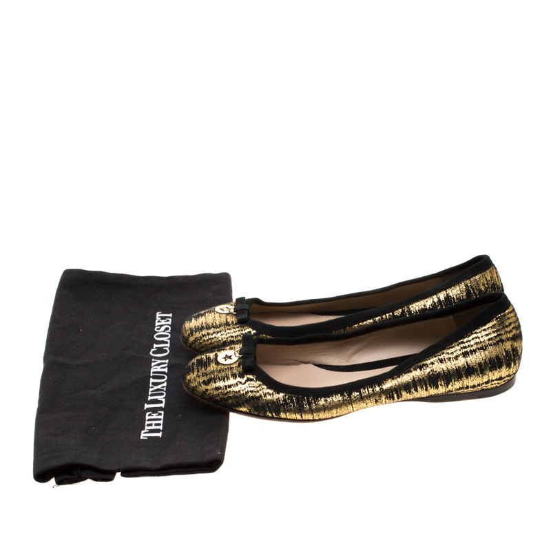 Fendi Metallic Black Textured Suede Bow Ballet Flats Size 38
