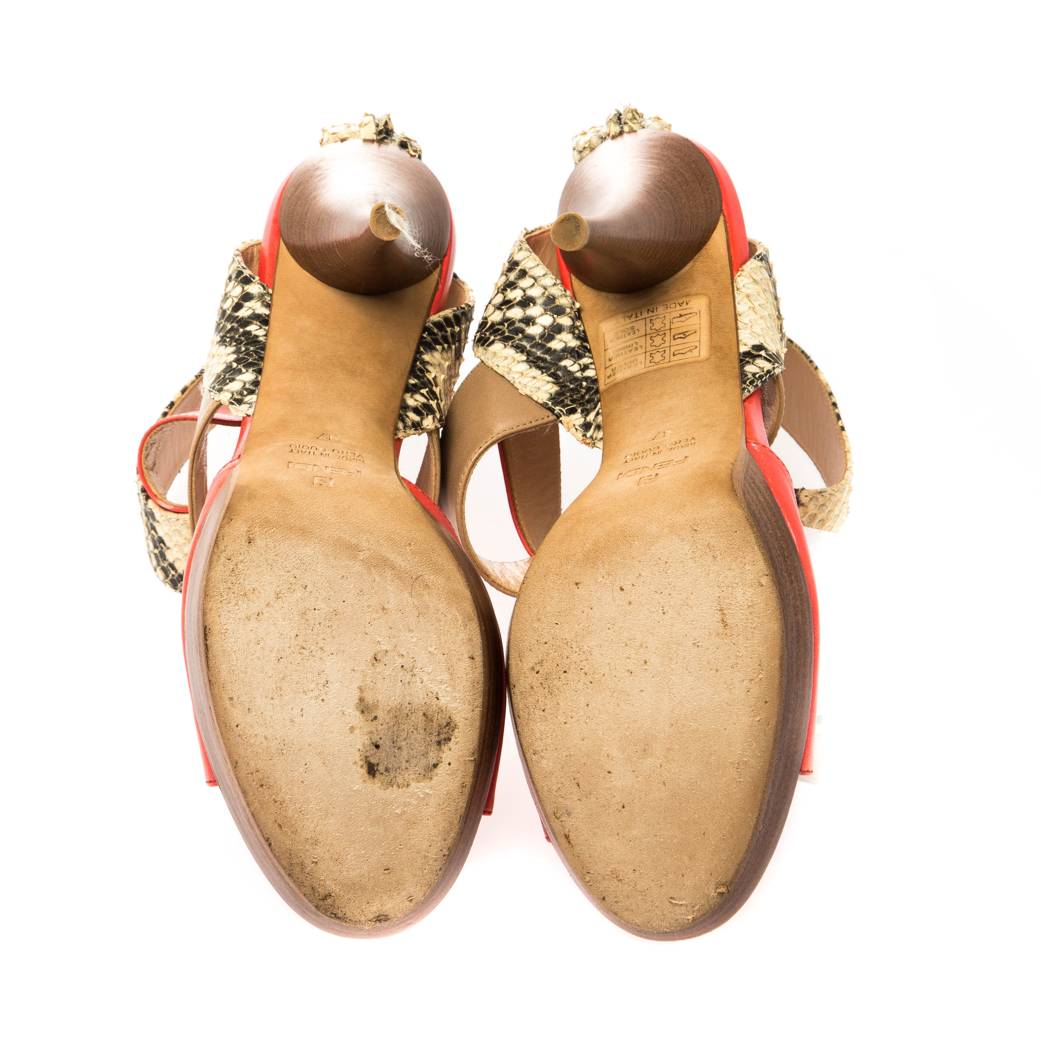 Fendi Tricolor Leather And Python Leather Ankle Strap Platform Sandals Size 37