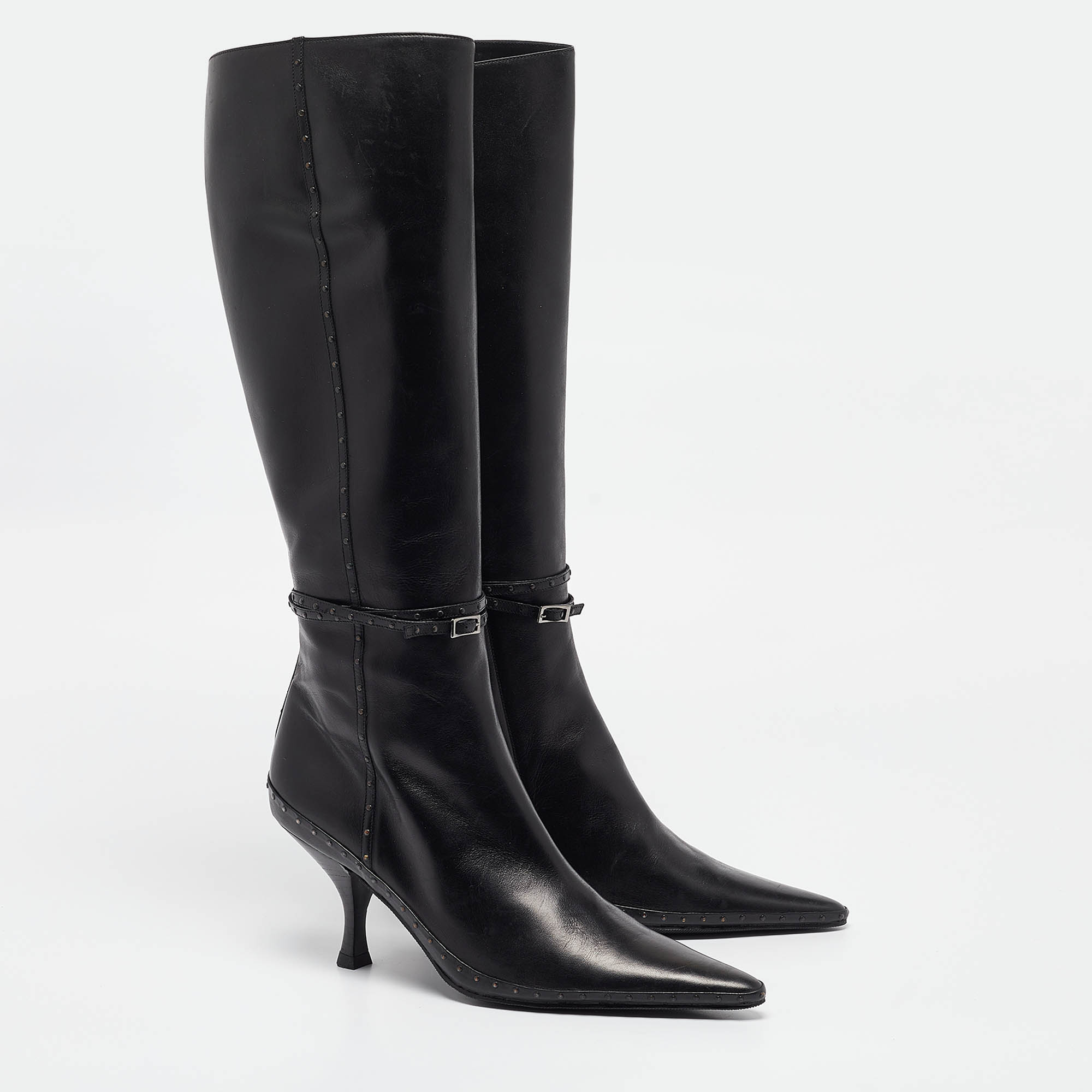 Fendi Black Leather Pointed Toe Knee Length Boots Size 40