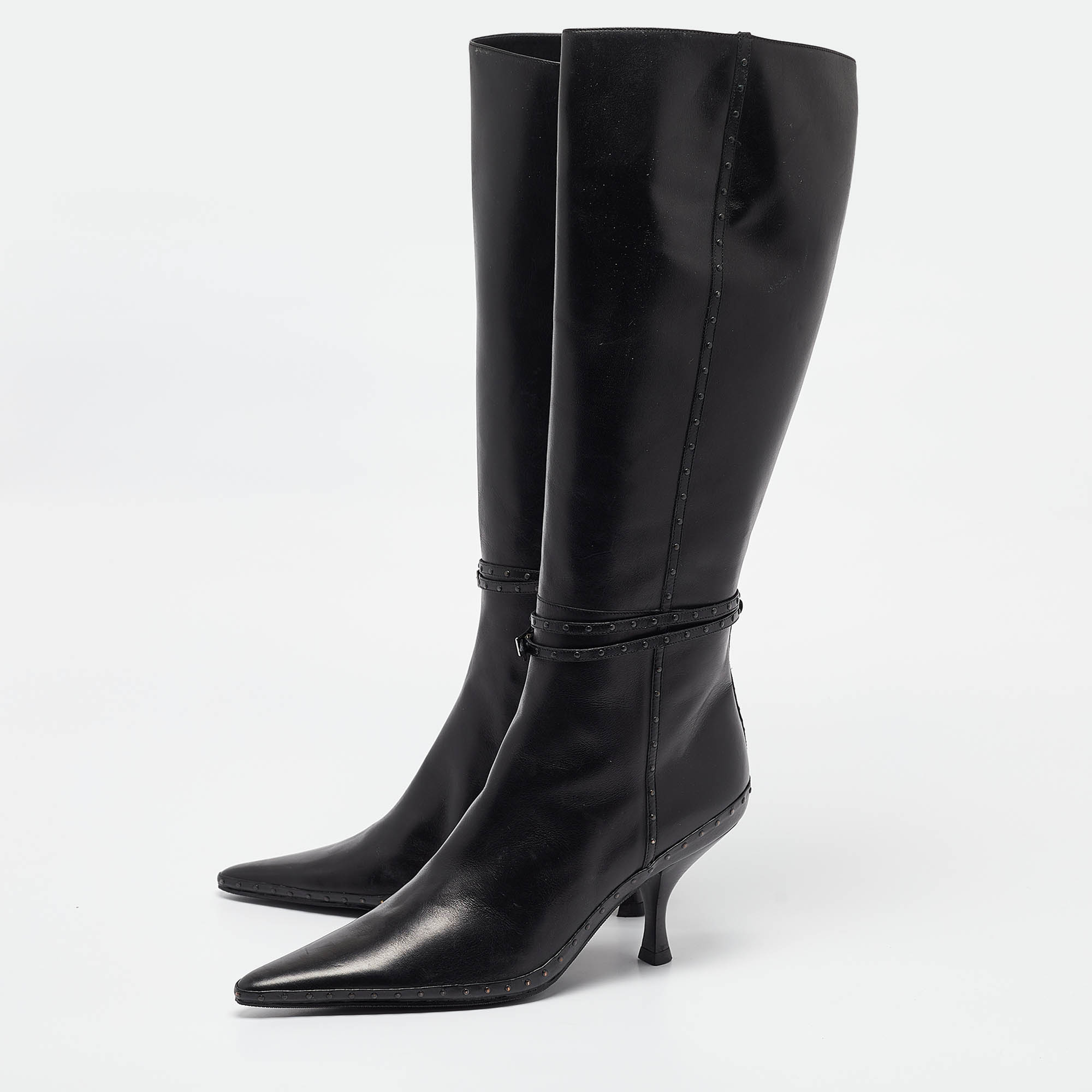 Fendi Black Leather Pointed Toe Knee Length Boots Size 40