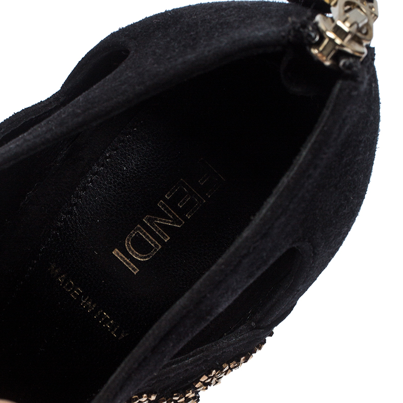 Fendi Black Suede Crystal Embellished Platform Ankle Booties Size 37