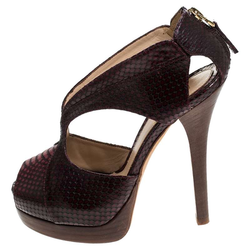 Fendi Brown/Burgundy Python Strappy Peep Toe Platform Sandals Size 36.5