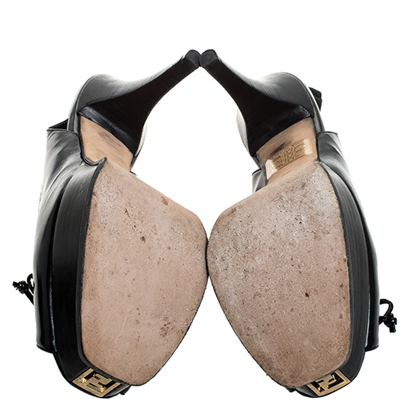 Fendi Black Leather Bow Peep Toe Slingback Platform Sandals Size 39