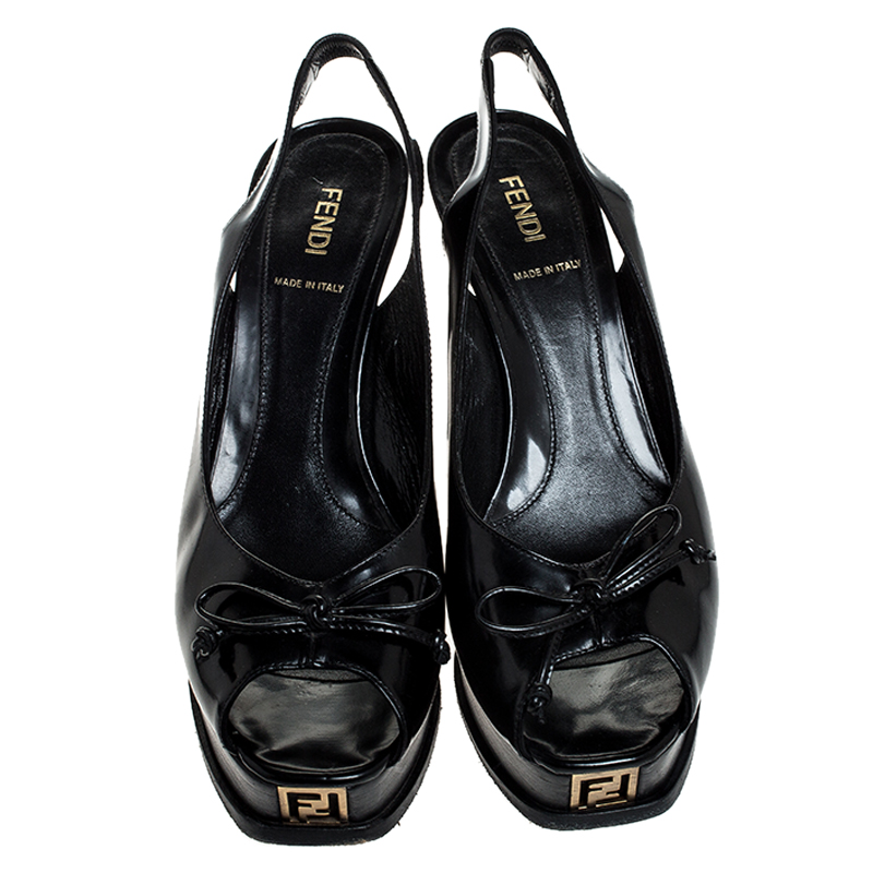 Fendi Black Leather Bow Peep Toe Slingback Platform Sandals Size 39